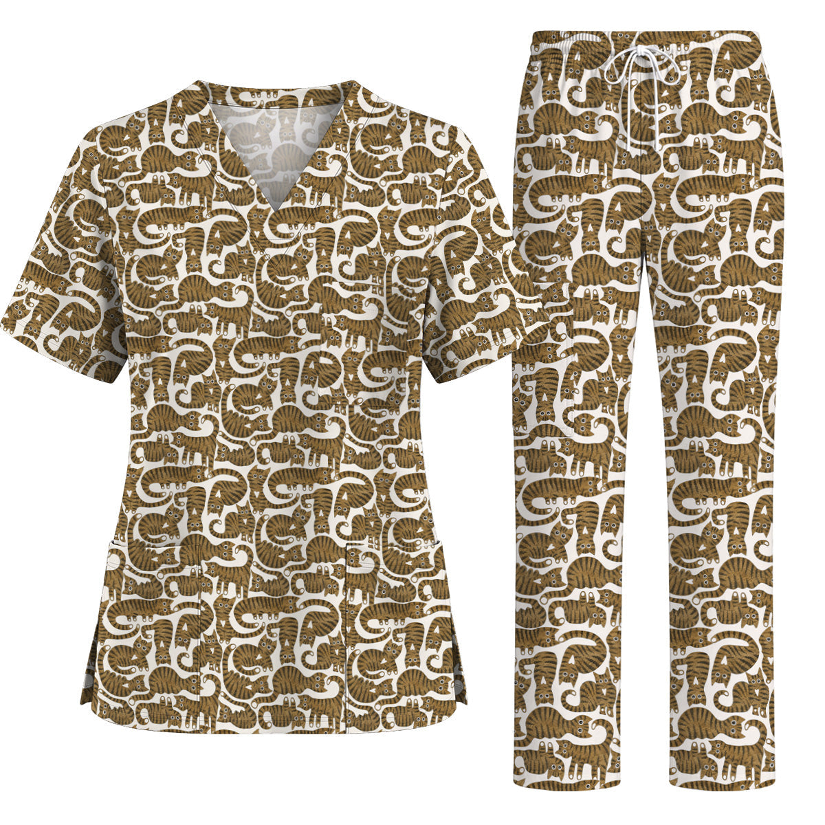 Cute Tabby Cat Pattern Scrub Top, Brown Tabby Cat Nursing Uniform for Cat Lovers, Comfortable Feline Scrubs for Nurses 1