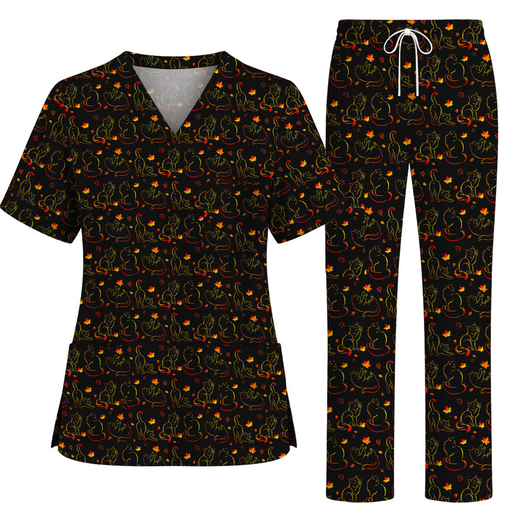 Autumn Black Cat Scrub Top, Fall Cat Nursing Uniform for Cat Lovers, Comfortable Feline Medical Scrubs For Nurse