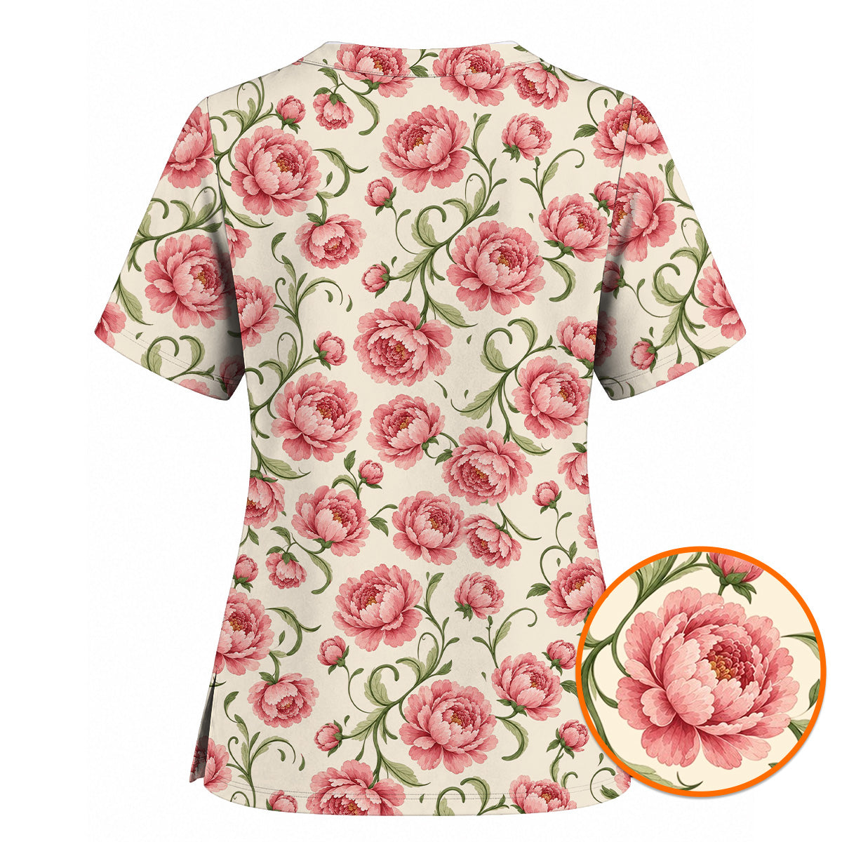 Peony Floral Pattern Scrub Top, Crazy Pink Peony Nurse Scrubs, Breathable Fabrics Nursing Uniform
