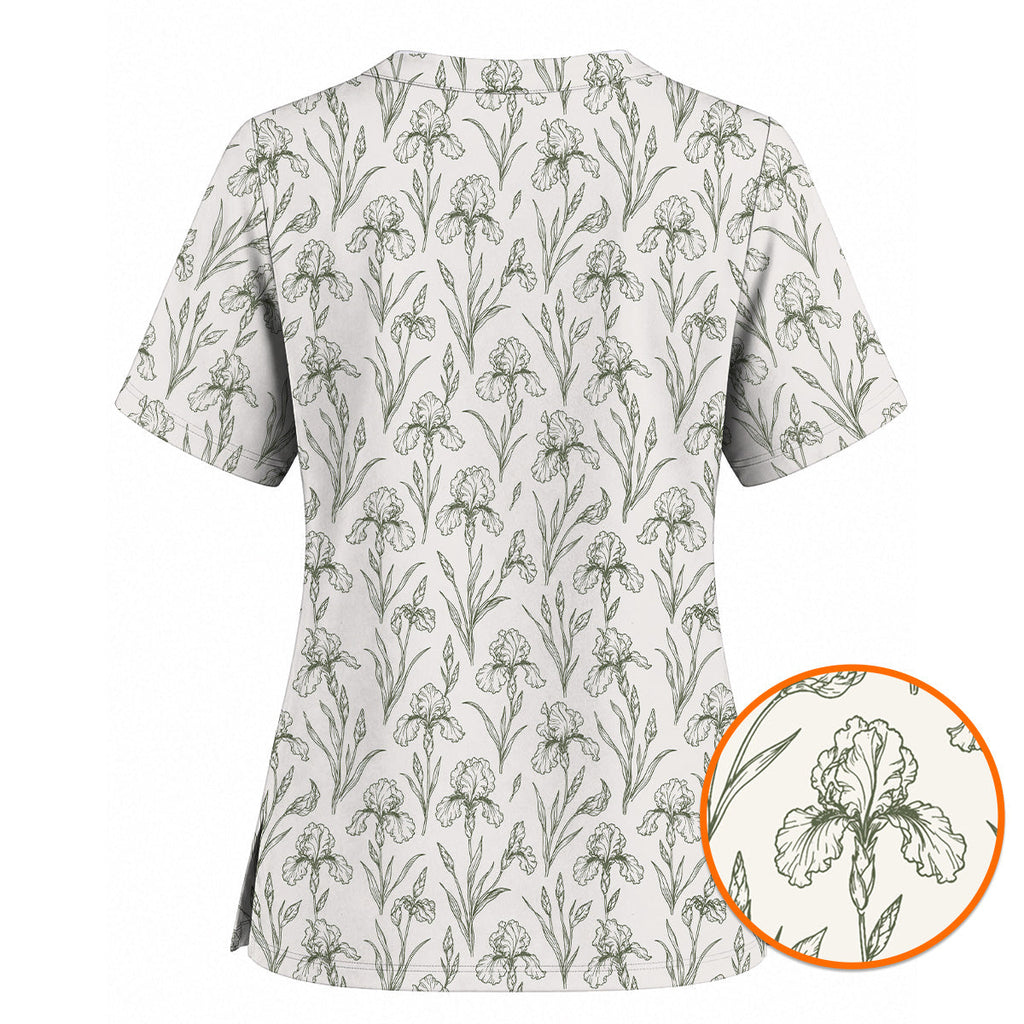 Iris Floral Scrub Top, Botanical Iris Print Scrubs, Vintage Flower Nurse Uniform