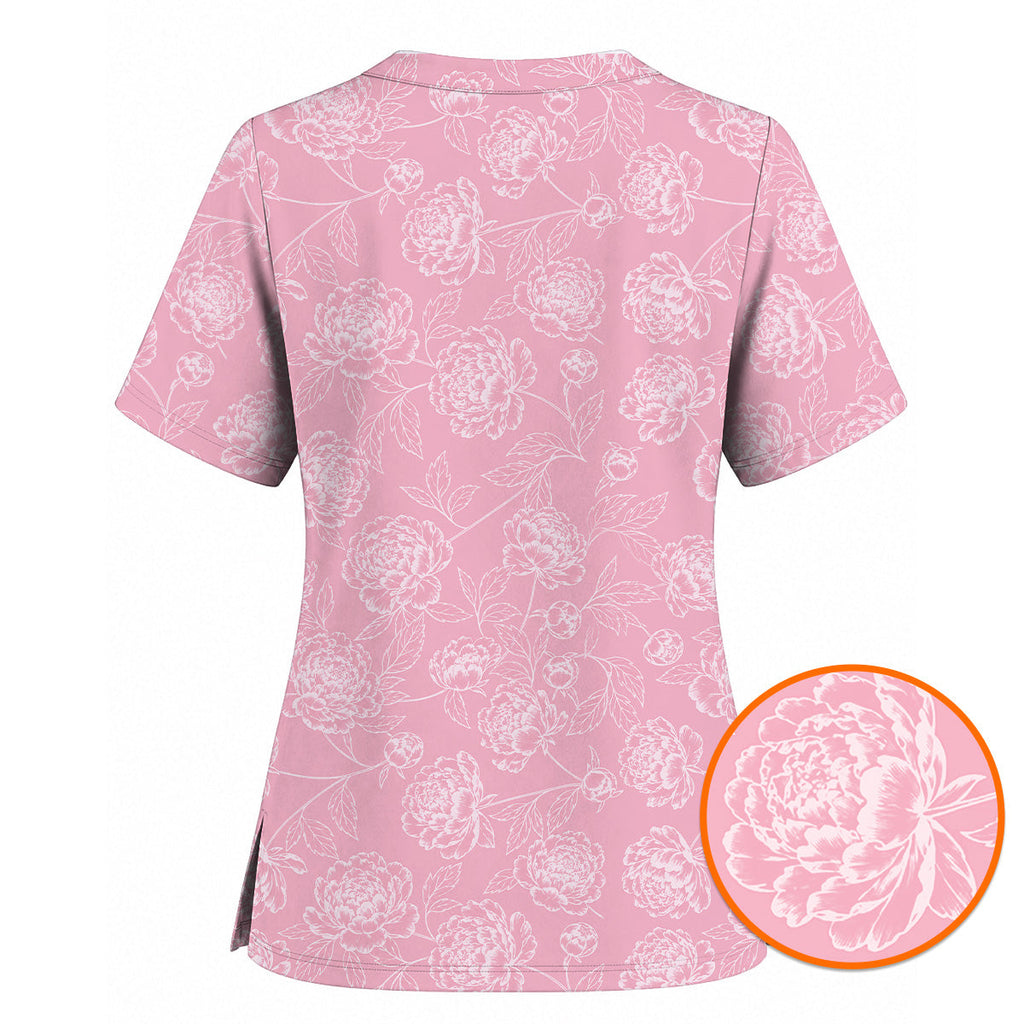 Peony Floral Pattern Scrub Top, Pink Peony Nurse Scrubs, Floral Nursing Uniform