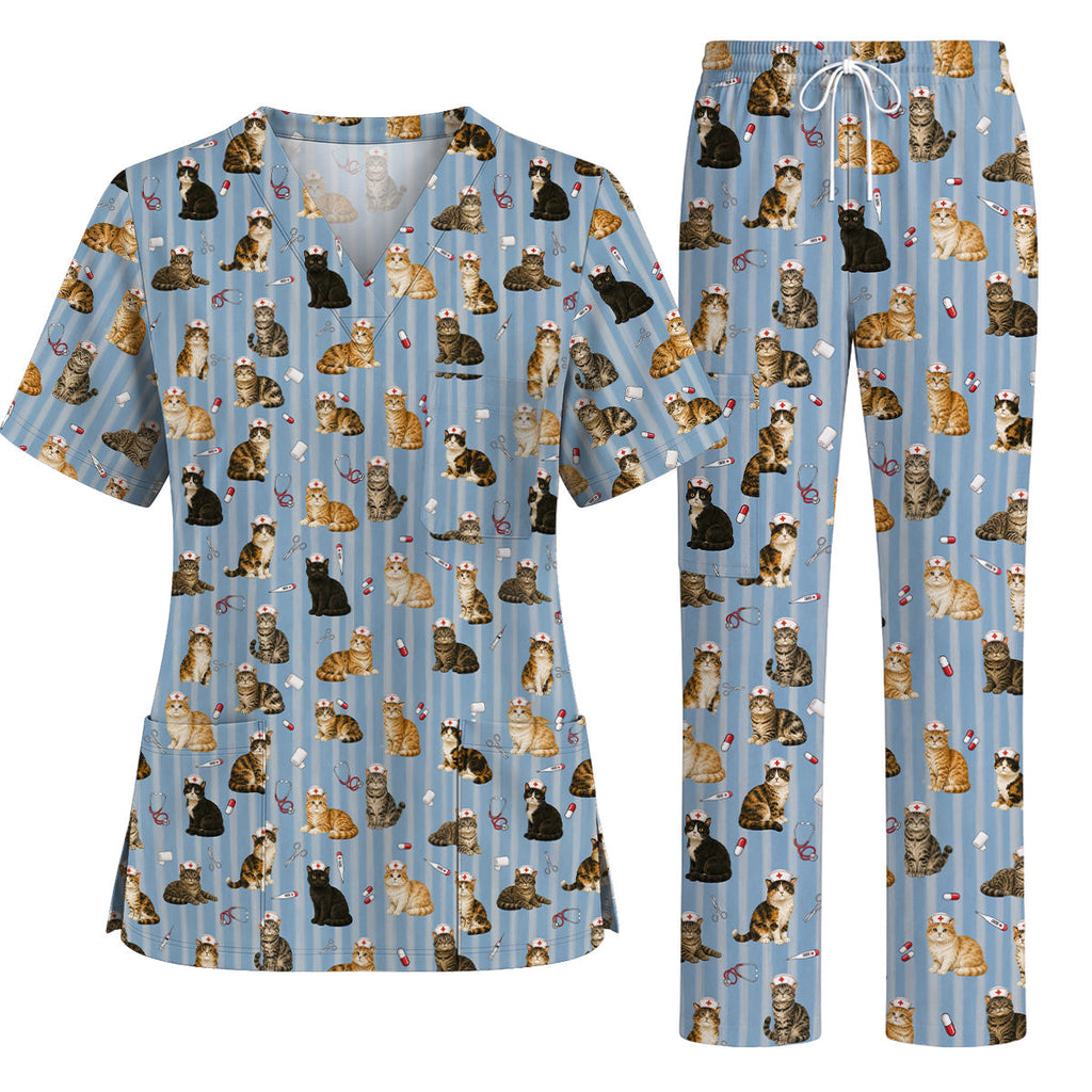 Nurse Cat Scrub Top, Cat Lover Medical Nurse Uniform for Veterinary & Healthcare Workers, Comfortable Feline Nursing Scrubs