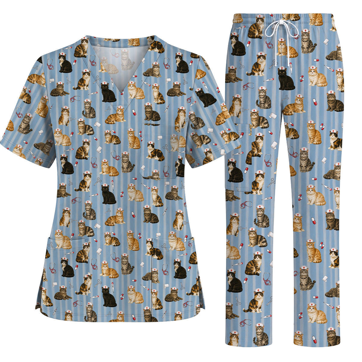 Nurse Cat Scrub Top, Cat Lover Medical Nurse Uniform for Veterinary & Healthcare Workers, Comfortable Feline Nursing Scrubs