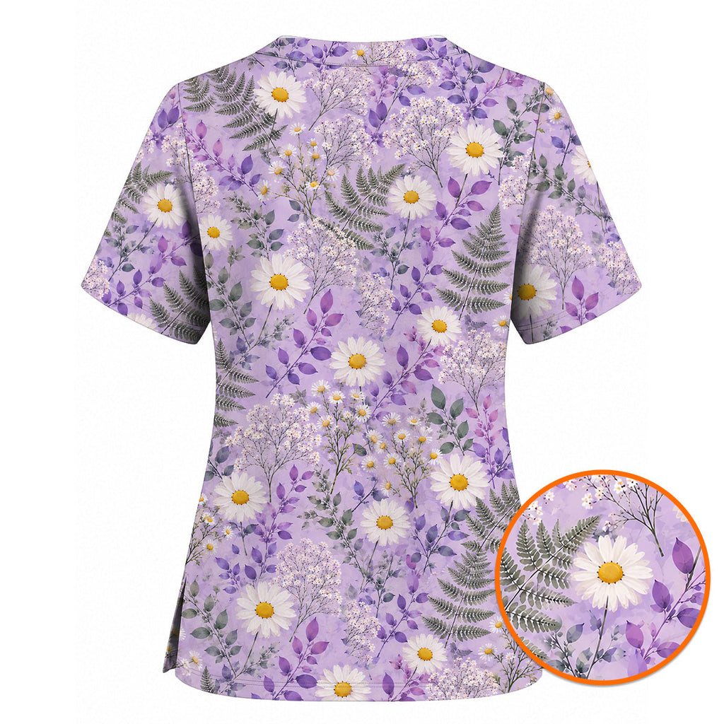 Purple Daisy Floral Scrub Top, Lavender Botanical Nurse Shirt, Wildflower Healthcare Uniform