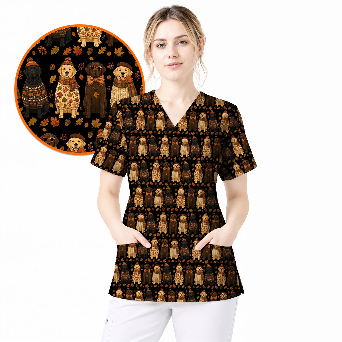 Autumn Dachshund Scrub Top, Wiener Dog Fall Nursing Uniform for Dog Lovers, Comfortable Scrubs for Nurses