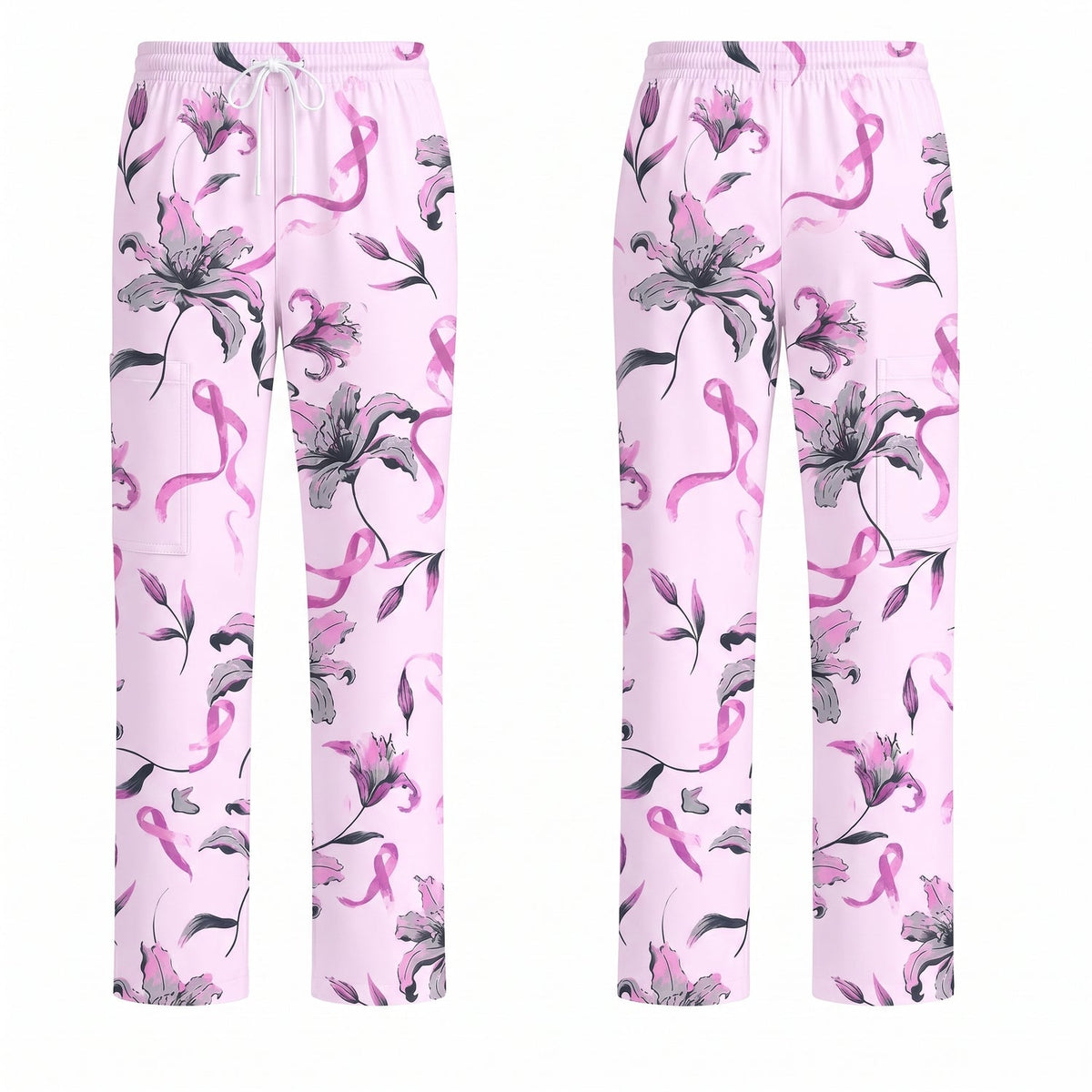 Breast Cancer Awareness Scrub Top for Women, Pink Ribbon Lily Floral Nursing Uniform, Support Breast Cancer Warrior Gift