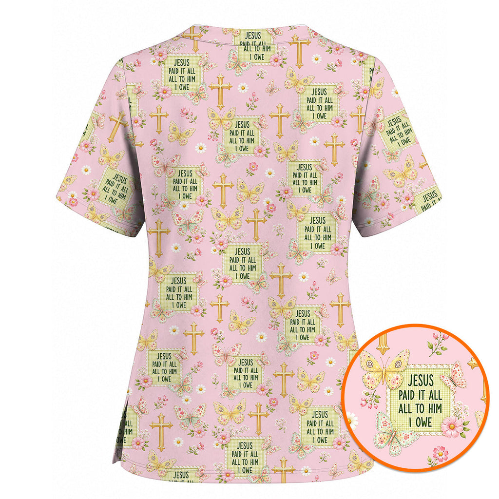 Jesus Paid It All Scrub Top, Christian Butterfly Floral Nurse Scrubs Uniform, Faith Inspired Gift For Nurses