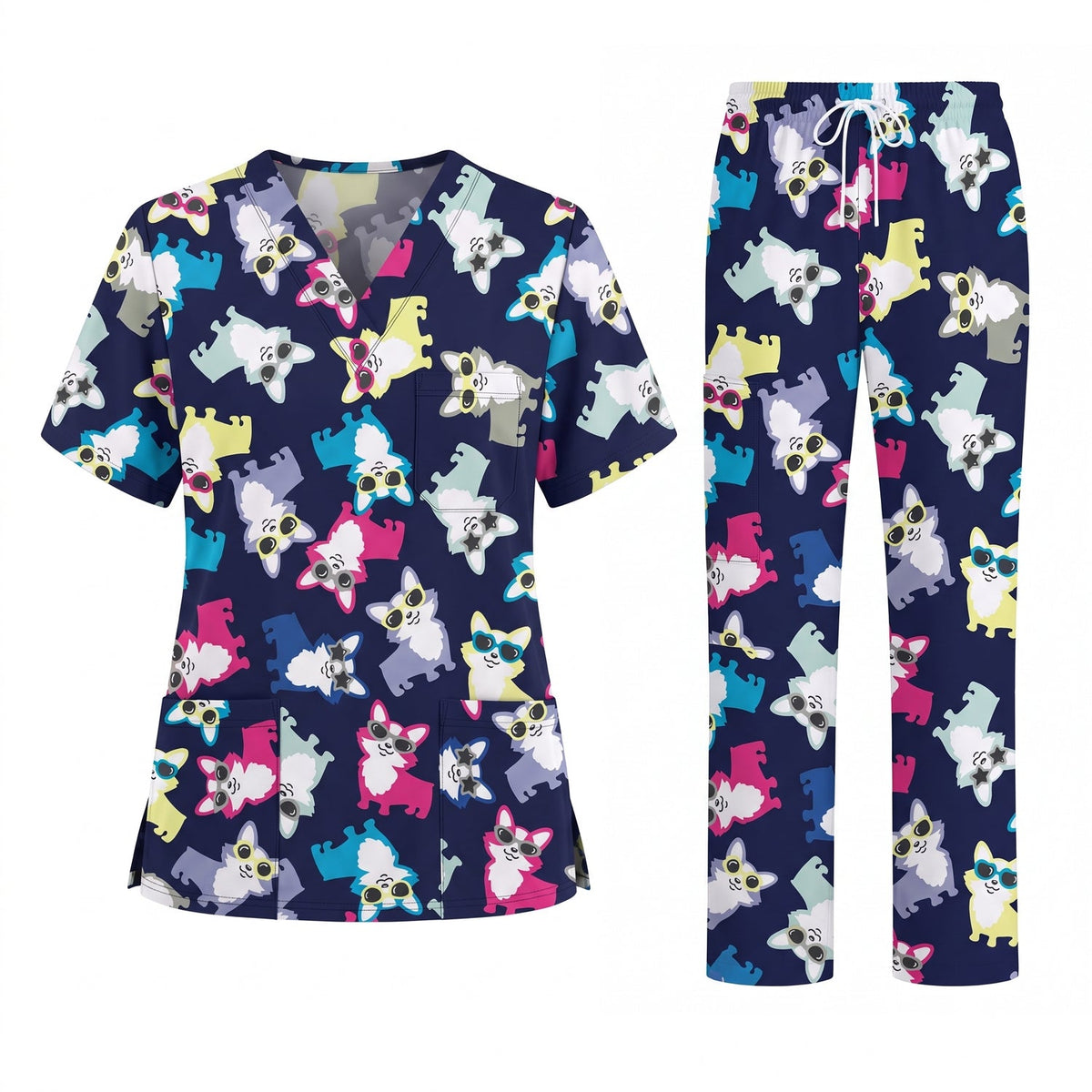 Funny Dog Print Scrub Top, Cute Puppy Pattern Nursing Uniform, Breathable Medical Scrubs for Women (Copy)