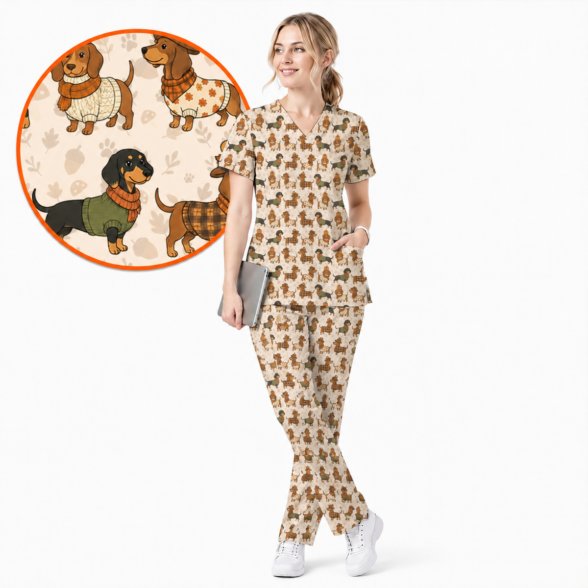 Autumn Dachshund Scrub Top, Cute Fall Wiener Dog Nursing Scrubs for Dog Lovers, Breathable Fabrics Nursing Uniform