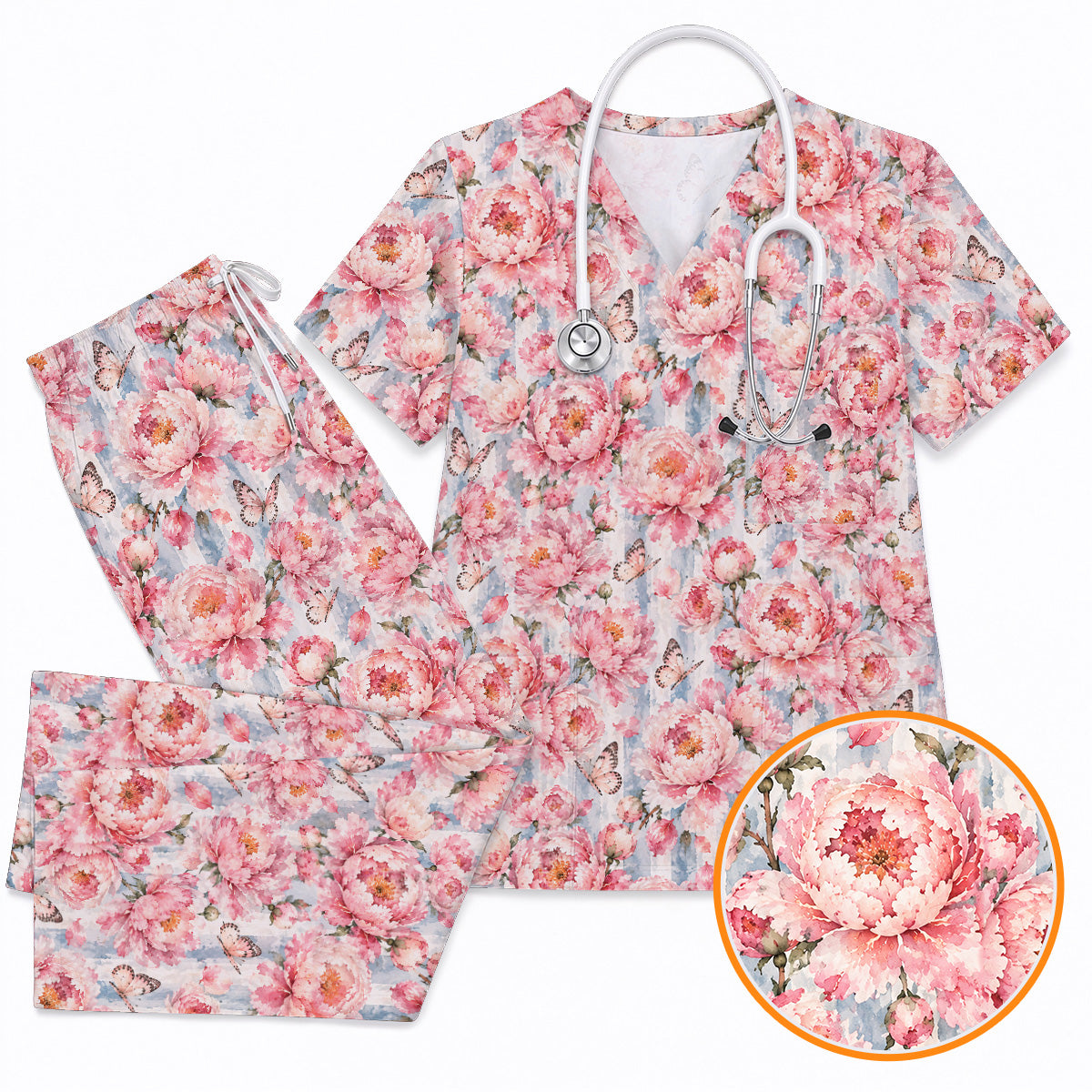 Watercolor Peony Scrub Top For Women, Pink Peony Butterfly Nurse Shirt, Floral Nursing Uniform for Healthcare Workers