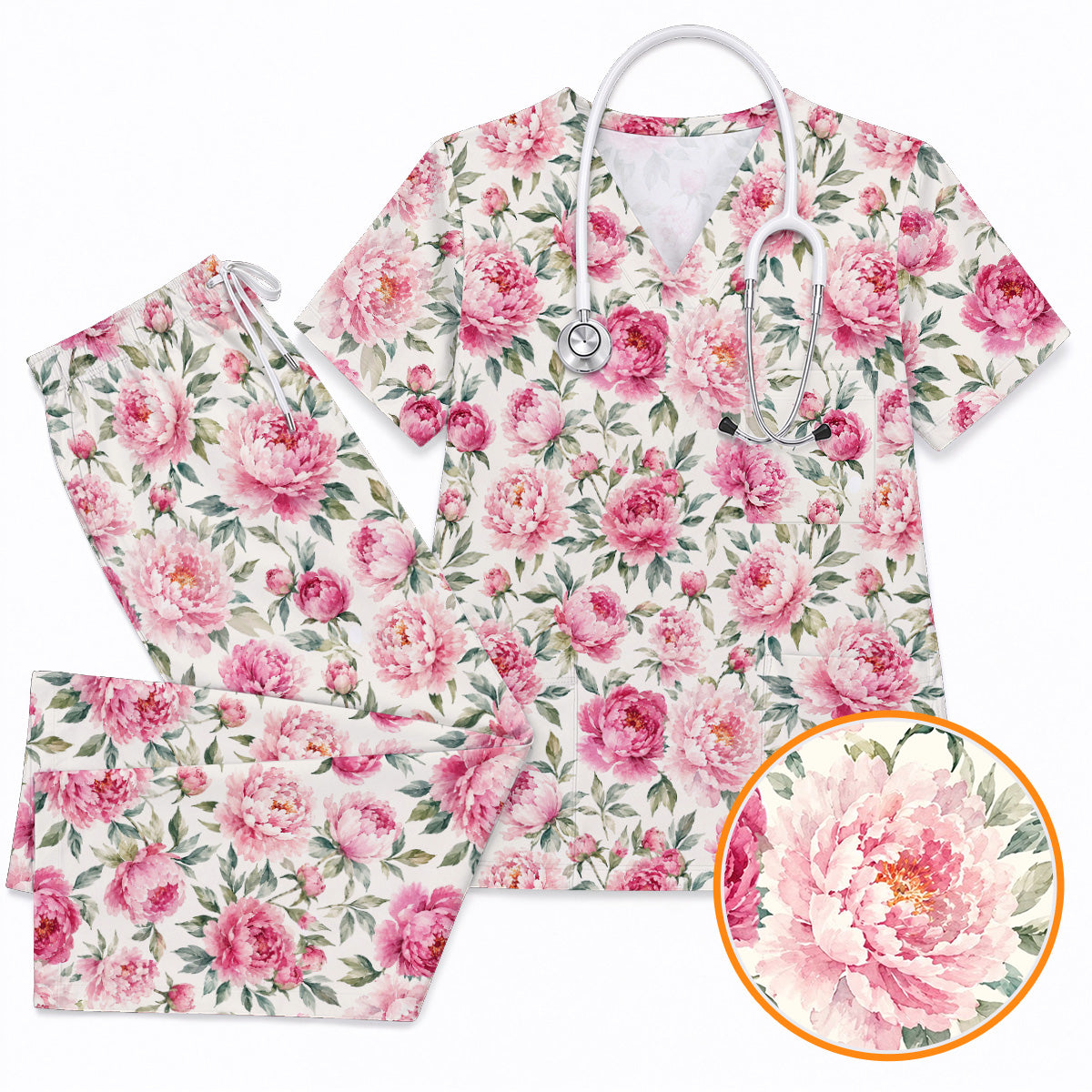 Pink Peony Garden Scrub Top, Watercolor Peony Floral Print Scrubs, Romantic Botanical Nurse Uniform