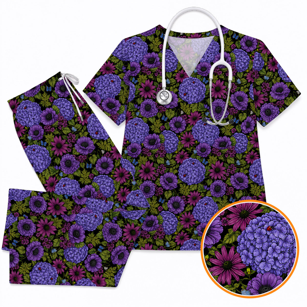 Purple Hydrangea Floral Scrub Top, Dark Botanical Nurse Shirt, Elegant Wildflower Healthcare Uniform