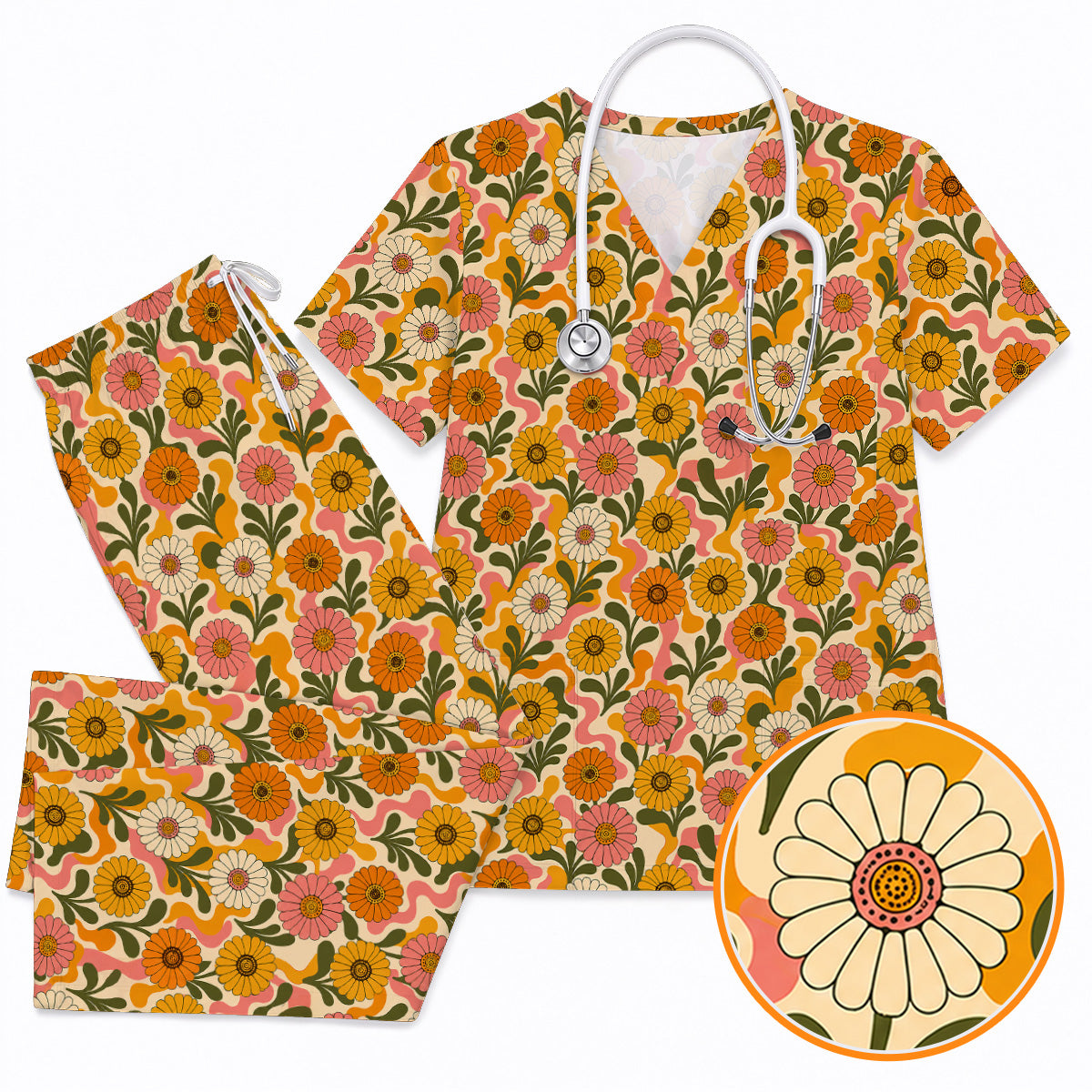 Retro Gerbera Floral Scrub Top, Groovy Gerbera Flower Print Scrubs, Vintage Nurse Medical Uniform