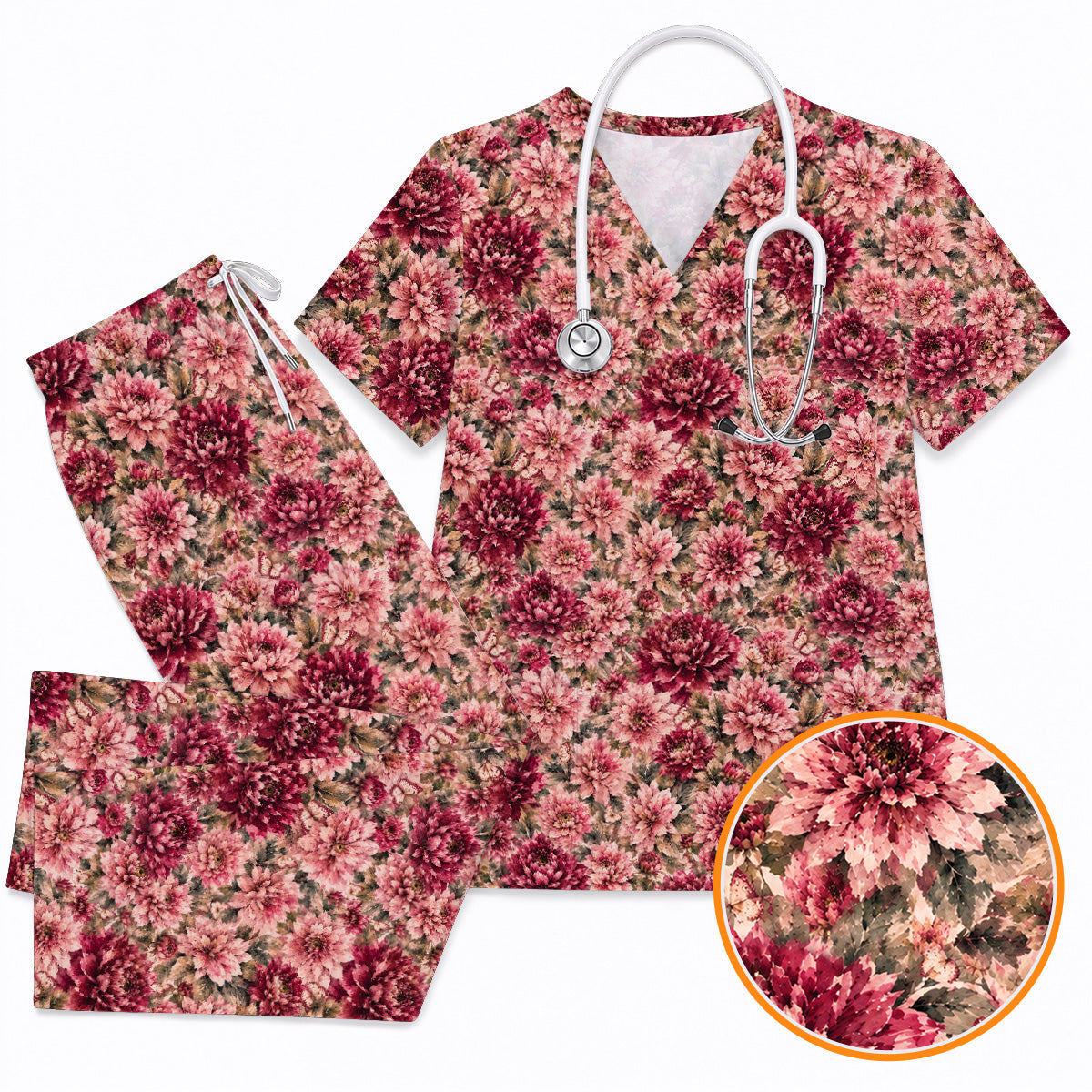 Dahlia Floral Scrub Top, Vintage Dahlia Flower Print Scrubs, Botanical Nurse Uniform