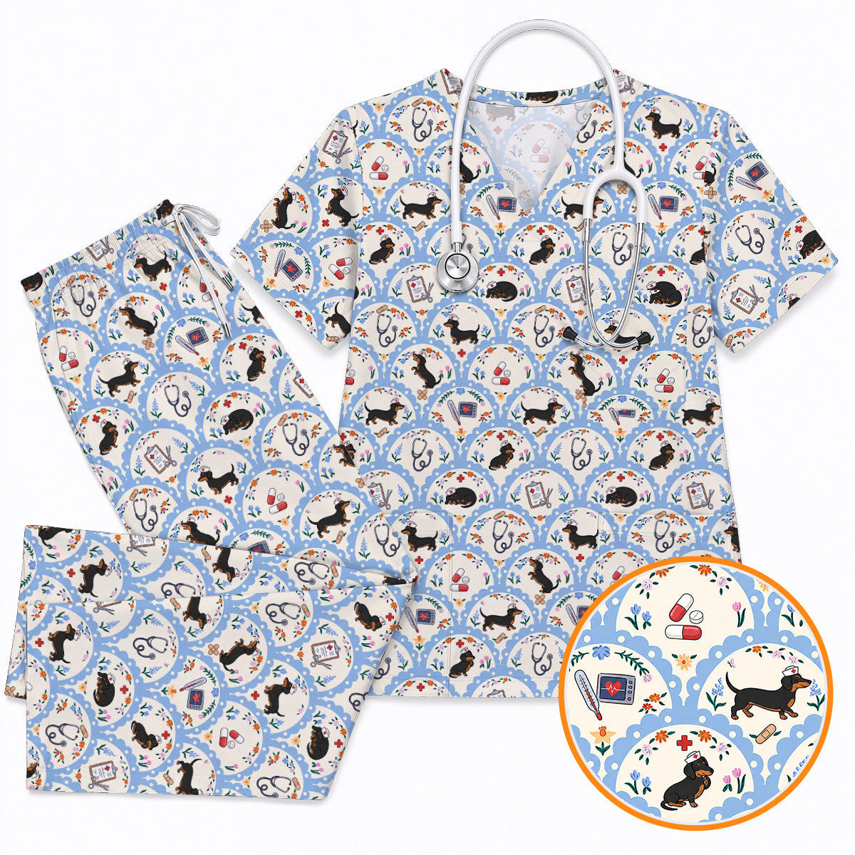 Dachshund Nurse Scrub Top, Wiener Dog Medical Pattern Scrubs for Nurses, Cute Healthcare Uniform for Dog Lovers