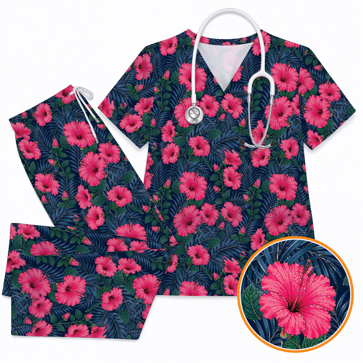 Tropical Hibiscus Scrub Top, Vibrant Hibiscus Floral Nurse Scrubs, Botanical Gift For Nurses