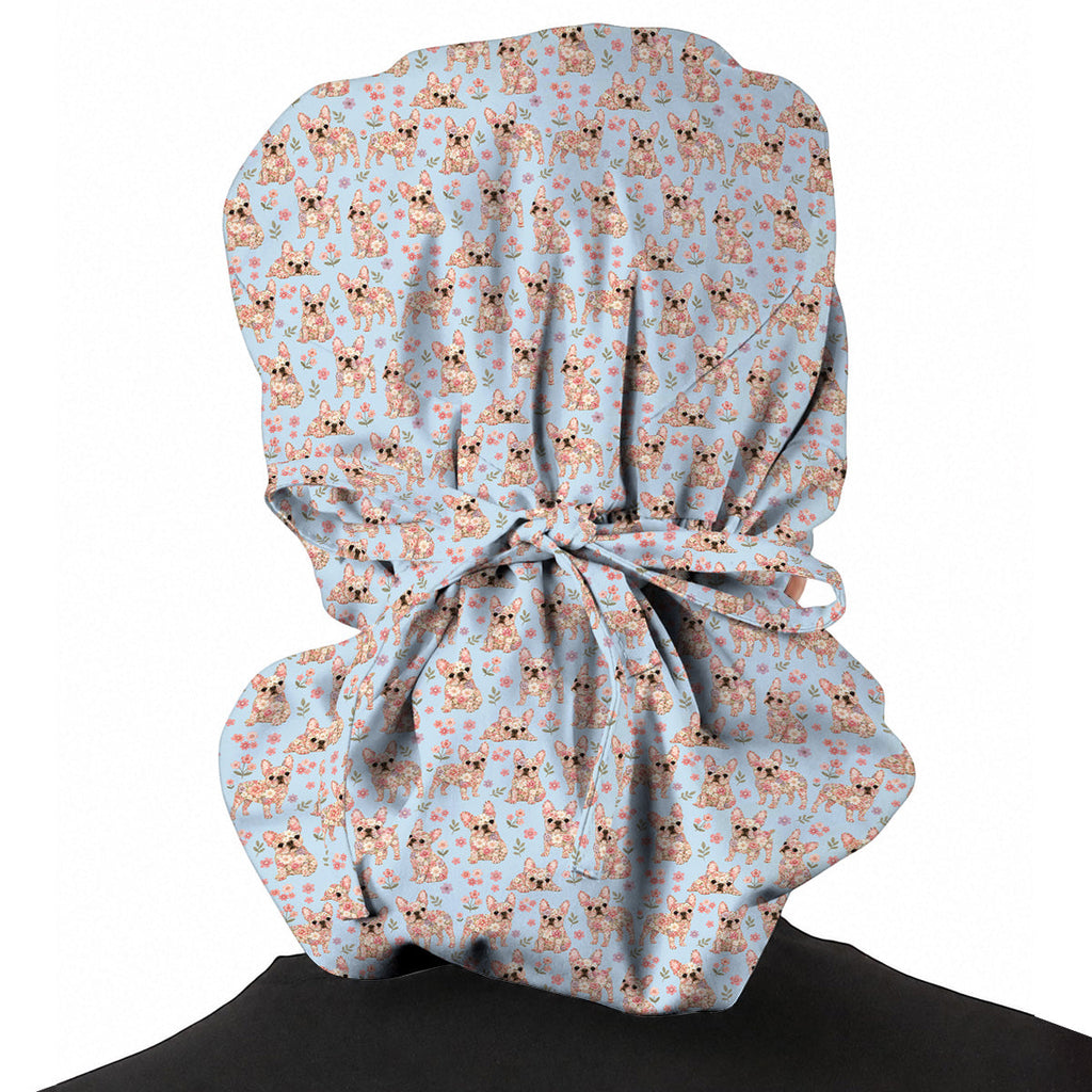 Floral French Bulldog Nurse Scrub Cap, Cute Frenchie Flower Pattern Scrubs for Nurses, Dog Lover Healthcare Gift