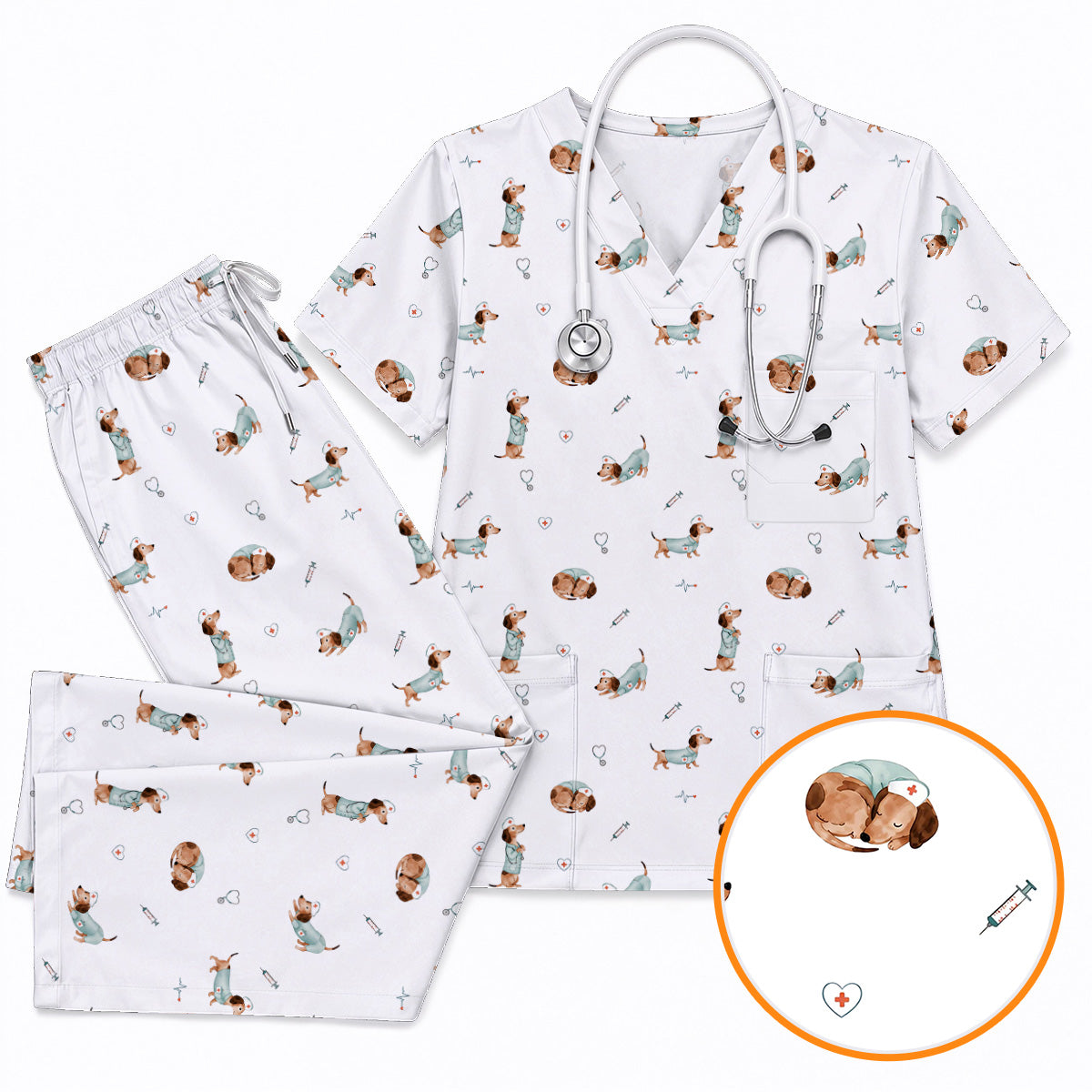 Dachshund Nurse Scrub Top, Cute Wiener Dog Nursing Uniform for Dog Lovers, Comfortable Nurse Scrubs for Healthcare Workers