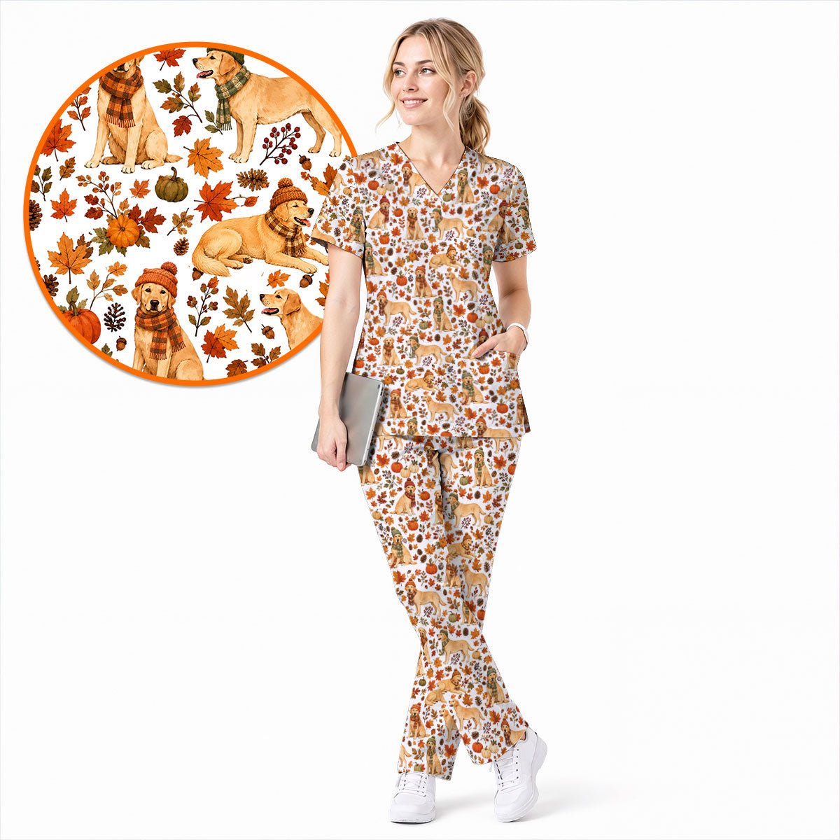 Labrador Retriever Nurse Scrub Top, Funny Autumn Lab Dog Medical Scrubs for Veterinary & Healthcare Staff, Breathable Fabrics Nursing Uniform