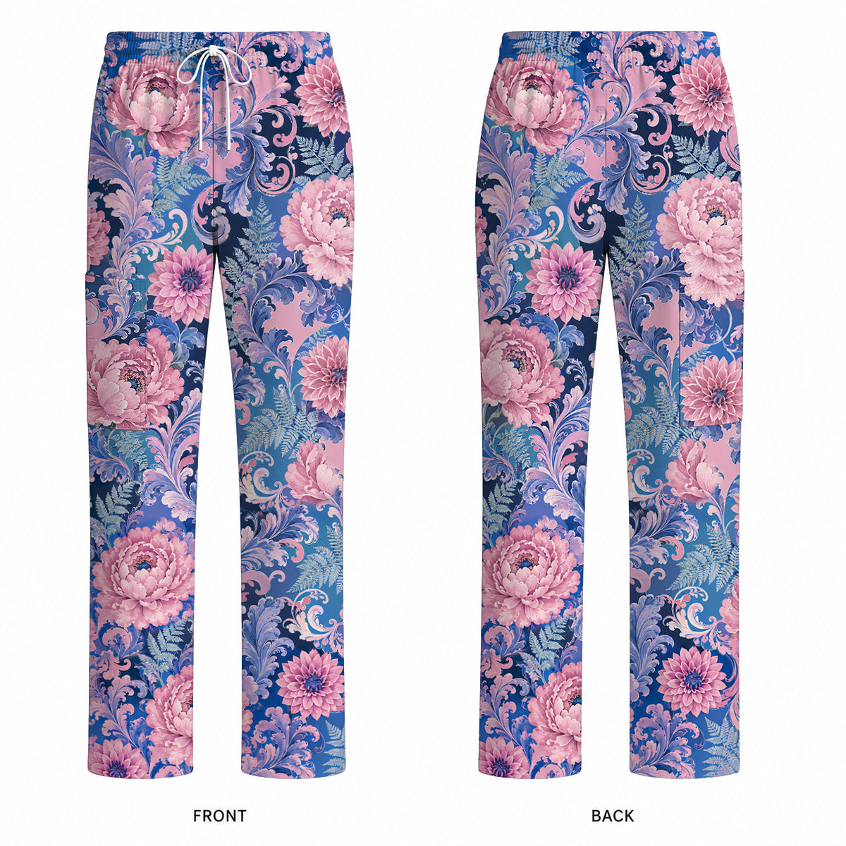 Pink Peony Floral Scrub Top, Elegant Blue Botanical Nurse Shirt, Vintage Floral Healthcare Uniform