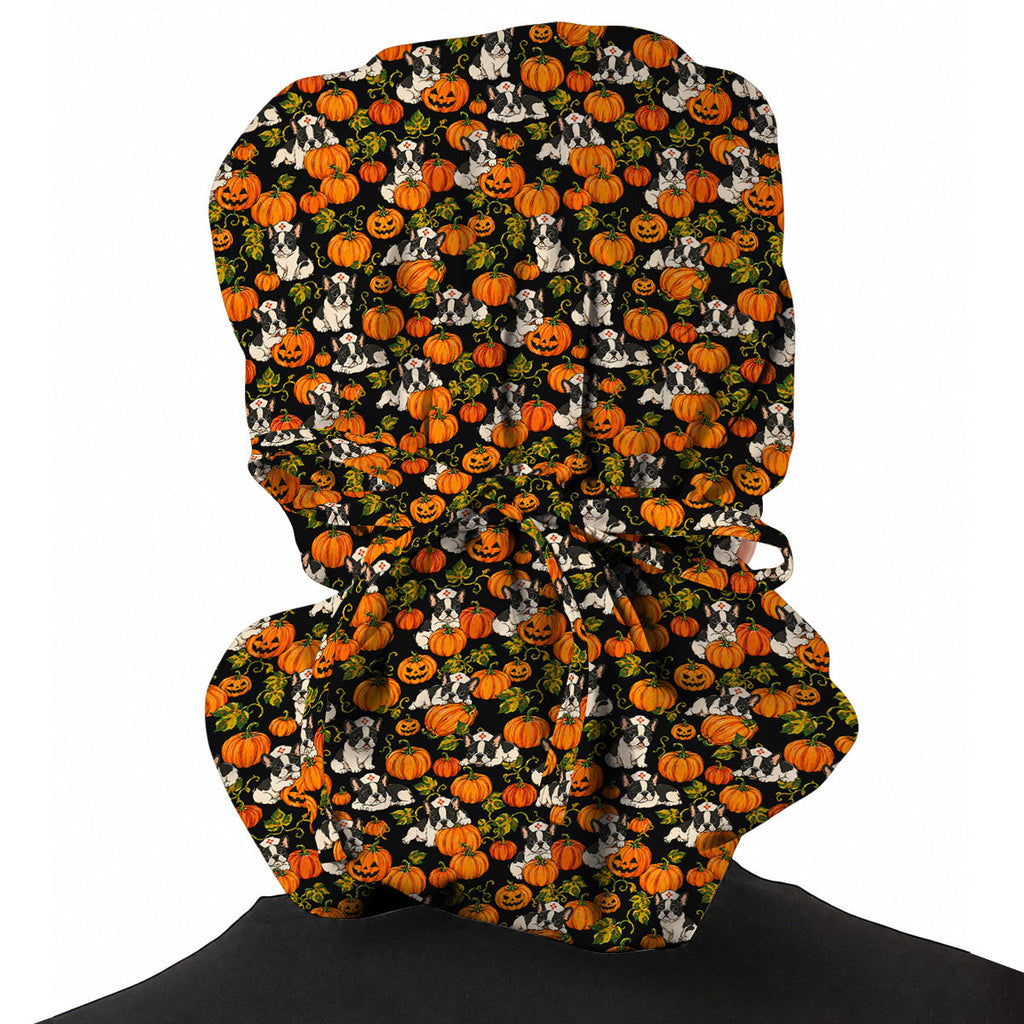 French Bulldog Halloween Nurse Scrub Cap, Pumpkin Frenchie Pattern Scrubs, Cute Fall Dog Scrub Shirt for Nurses