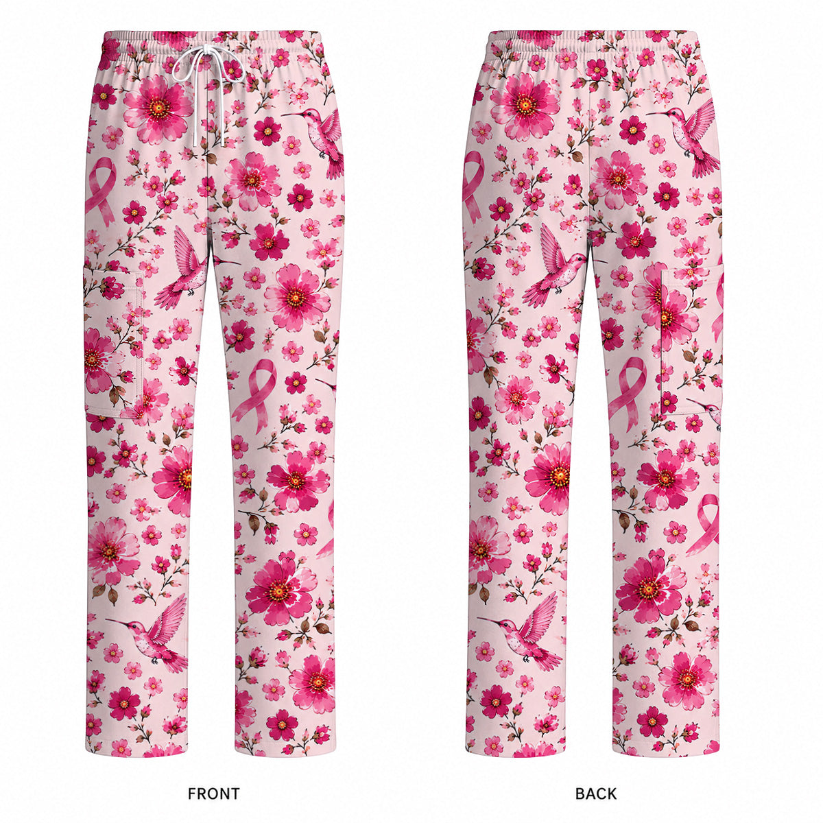 Pink Ribbon Hummingbird Scrub Top, Breast Cancer Awareness Floral Nurse Shirt, Pink Healthcare Uniform