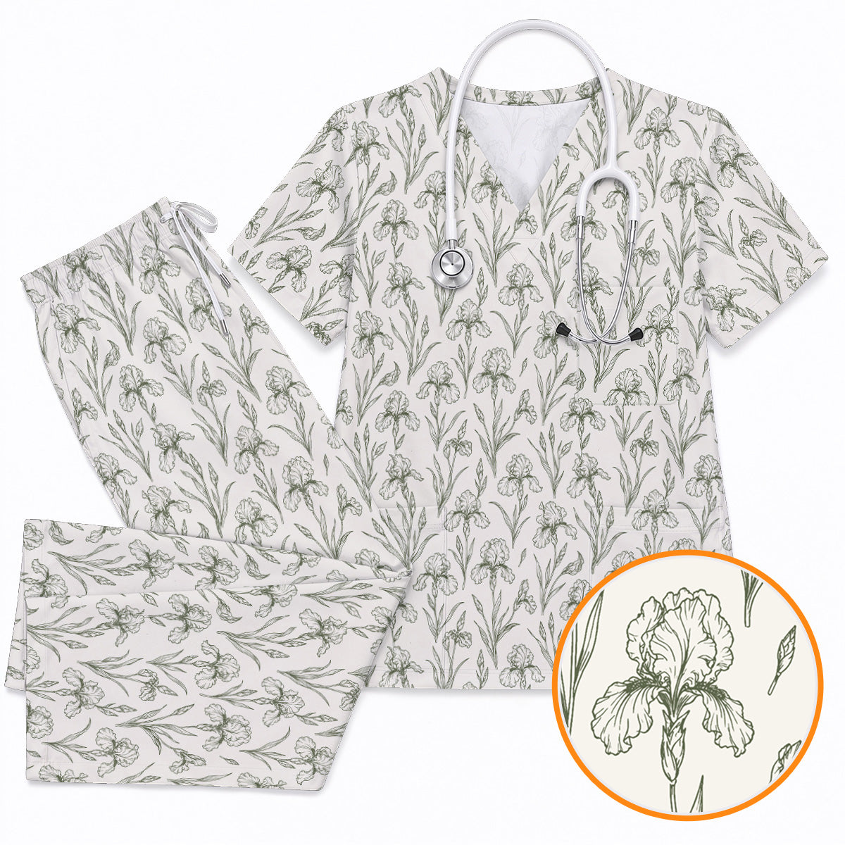 Iris Floral Scrub Top, Botanical Iris Print Scrubs, Vintage Flower Nurse Uniform