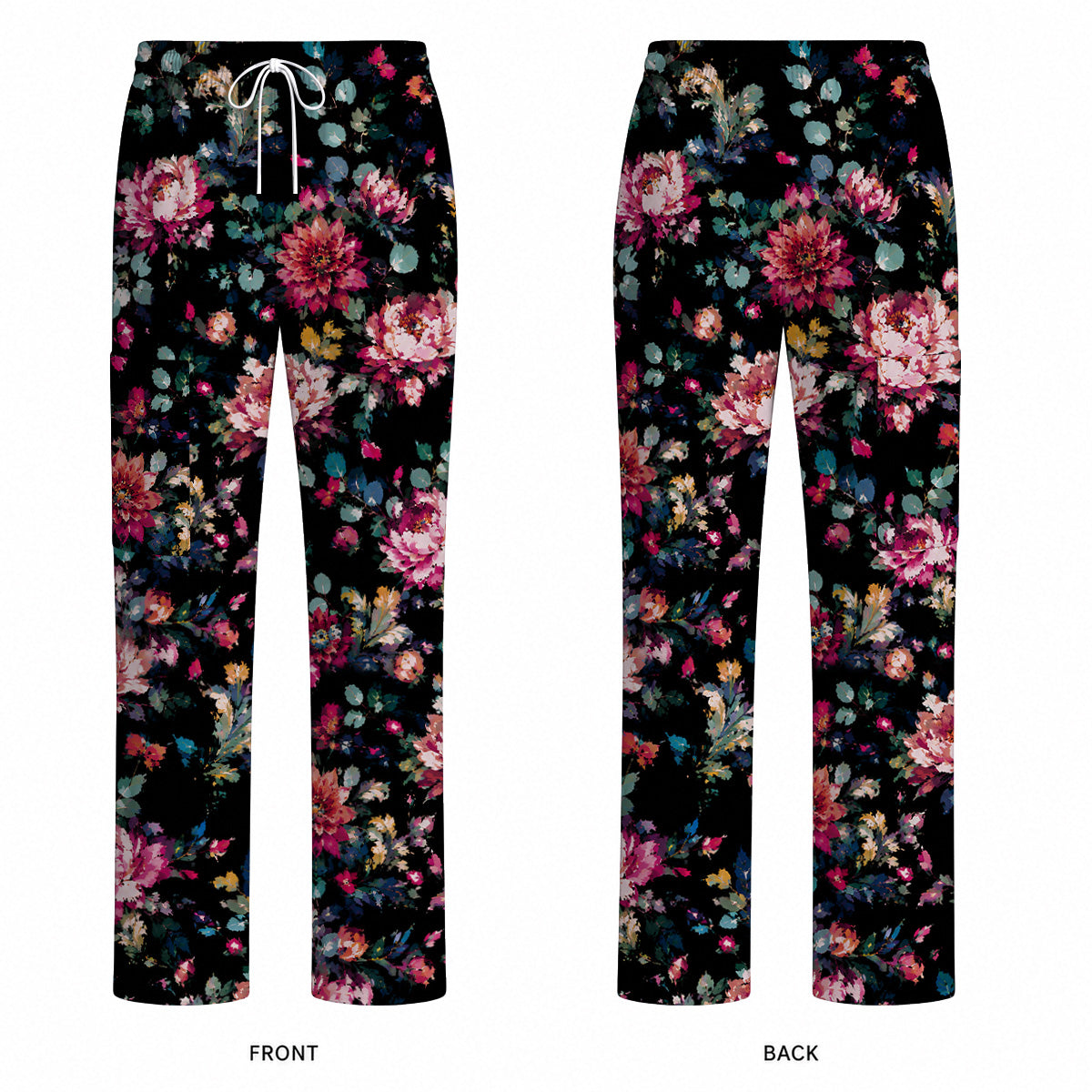 Dark Floral Scrub Top, Vintage Peony Nurse Shirt, Elegant Botanical Healthcare Uniform