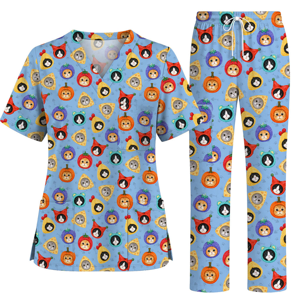 Funny Cat Pattern Scrub Top, Cute Kitty Nursing Uniform for Cat Lovers, Comfortable Medical Scrubs for Nurses
