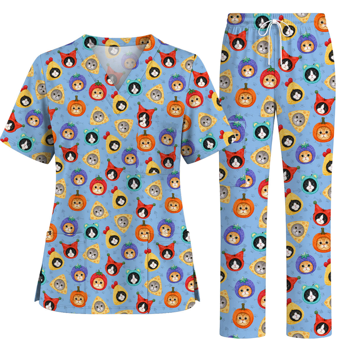 Funny Cat Pattern Scrub Top, Cute Kitty Nursing Uniform for Cat Lovers, Comfortable Medical Scrubs for Nurses