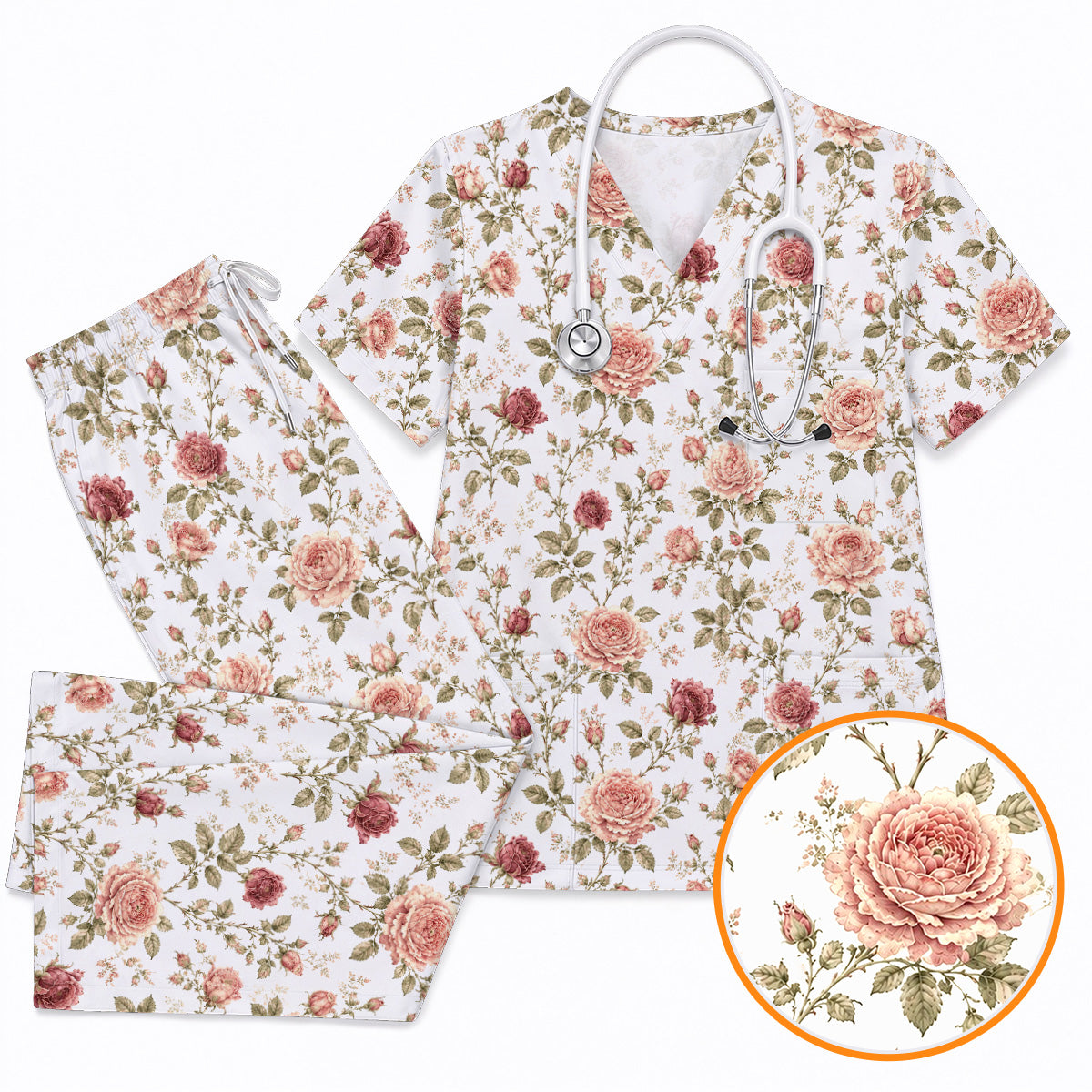 Vintage Rose Scrub Top, Romantic Rose Floral Nurse Scrubs Uniform, Cottagecore Flower Gift For Nurses