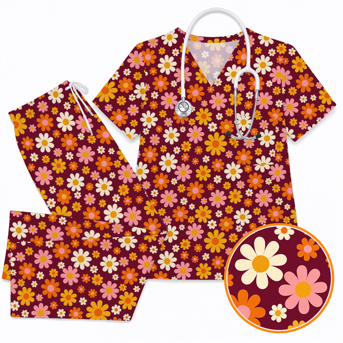 Retro Daisy Scrub Top, Colorful Daisy Floral Nurse Scrubs Uniform, Groovy Flower Gift For Nurses