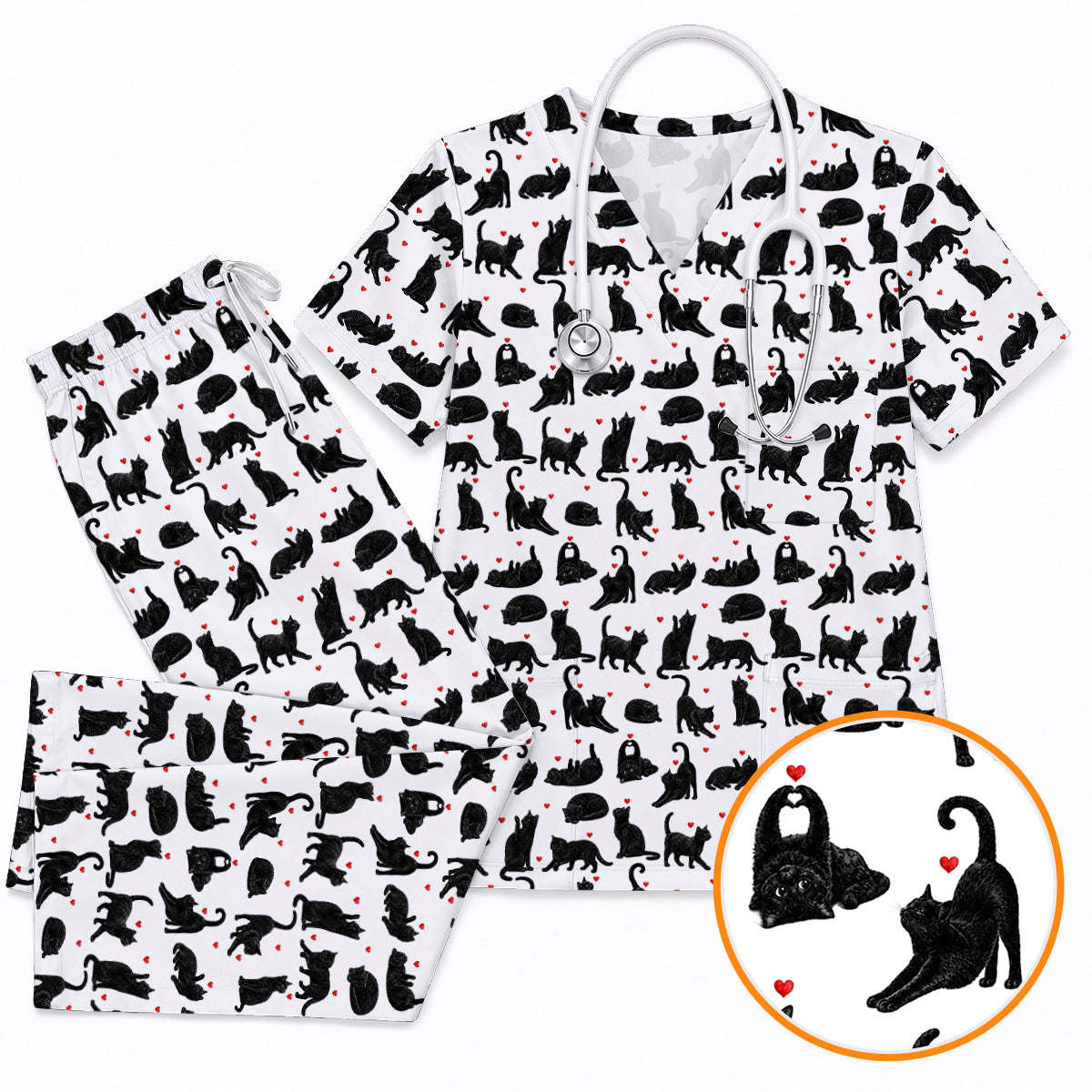 Black Cat Love Scrub Top, Cute Cat Heart Print Scrubs, Cat Lover Nurse Uniform