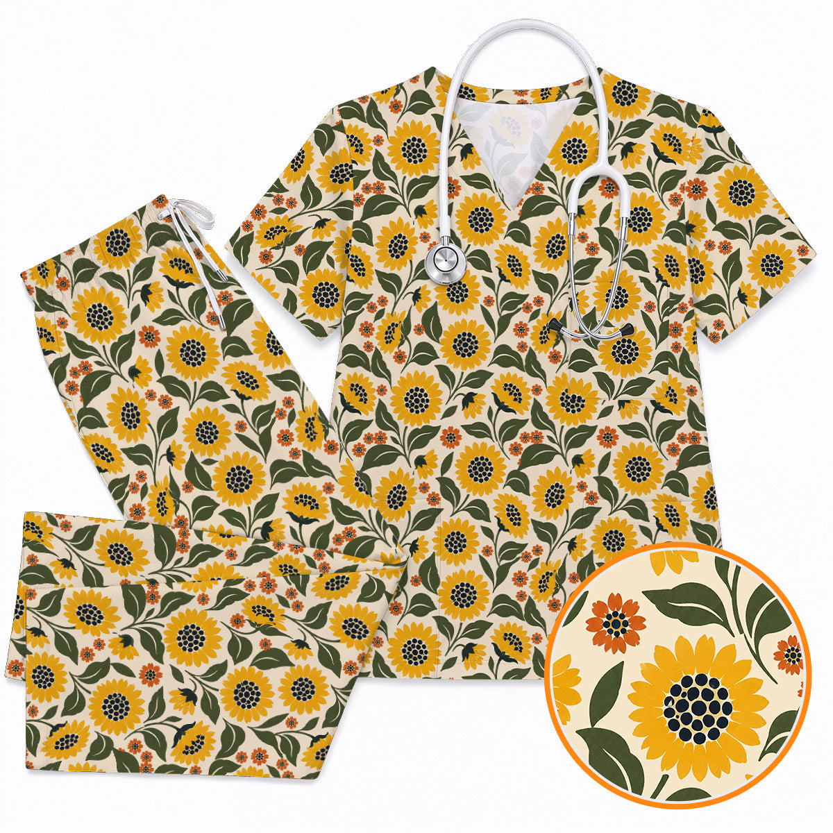 Retro Sunflower Scrub Top, Vintage Sunflower Floral Nurse Scrubs Uniform, Cheerful Flower Gift For Nurses
