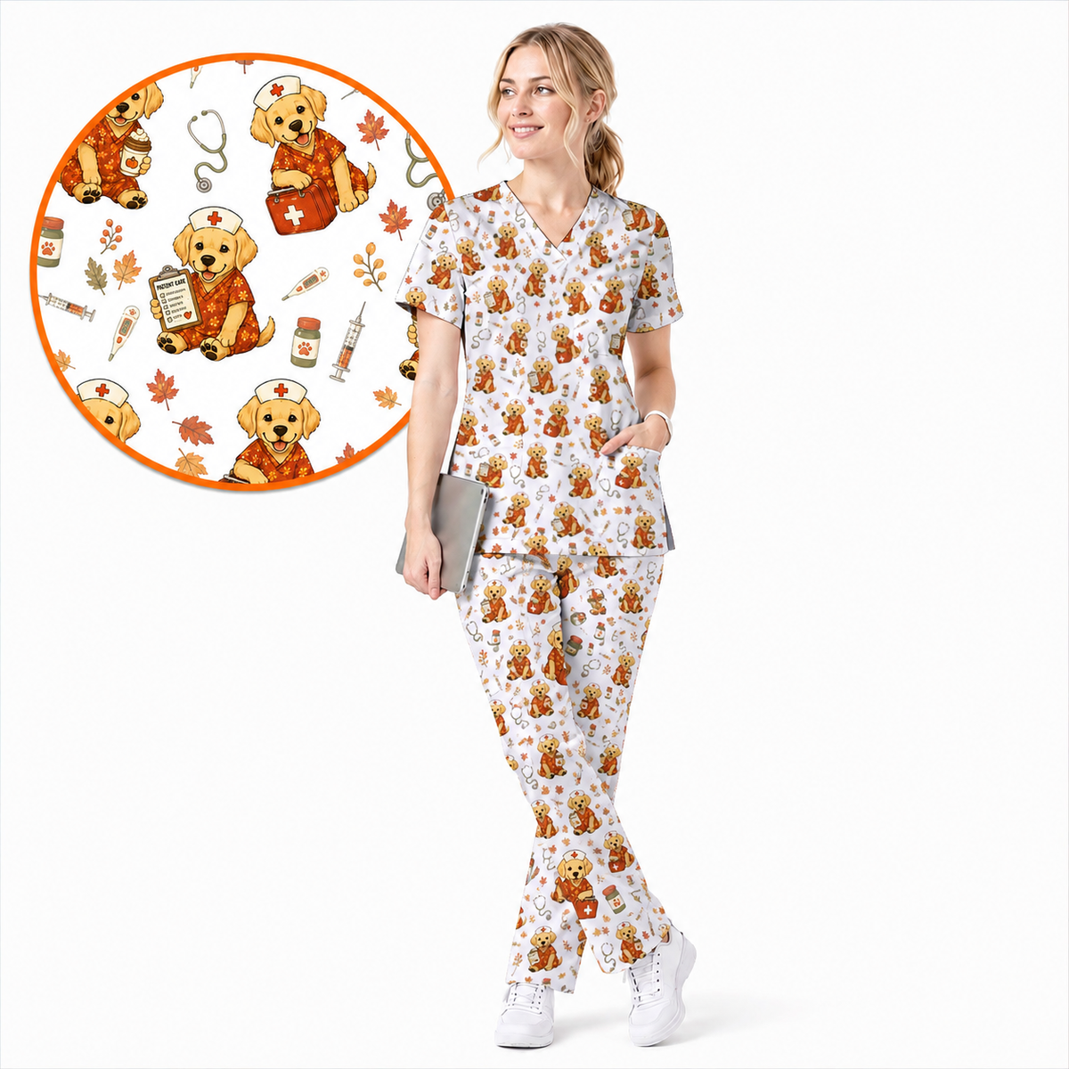 Labrador Retriever Scrub Top, Fall Dog Nursing Uniform for Veterinary Professionals, Cozy Autumn Nurse Scrubs for Dog Lovers