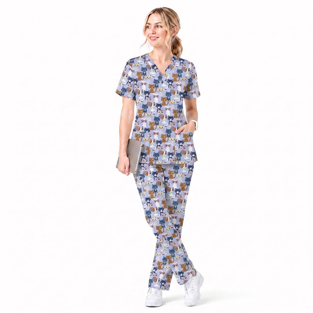 Curious Cat Scrub Top, Cute Cats Scrub Top for Women, Breathable Fabrics Nursing Uniform
