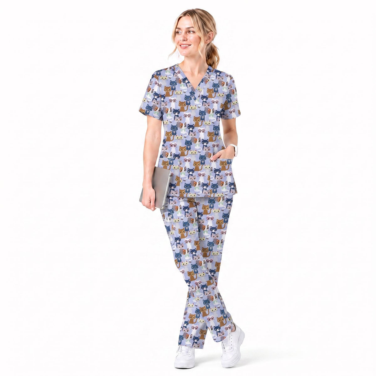 Curious Cat Scrub Top, Cute Cats Scrub Top for Women, Breathable Fabrics Nursing Uniform