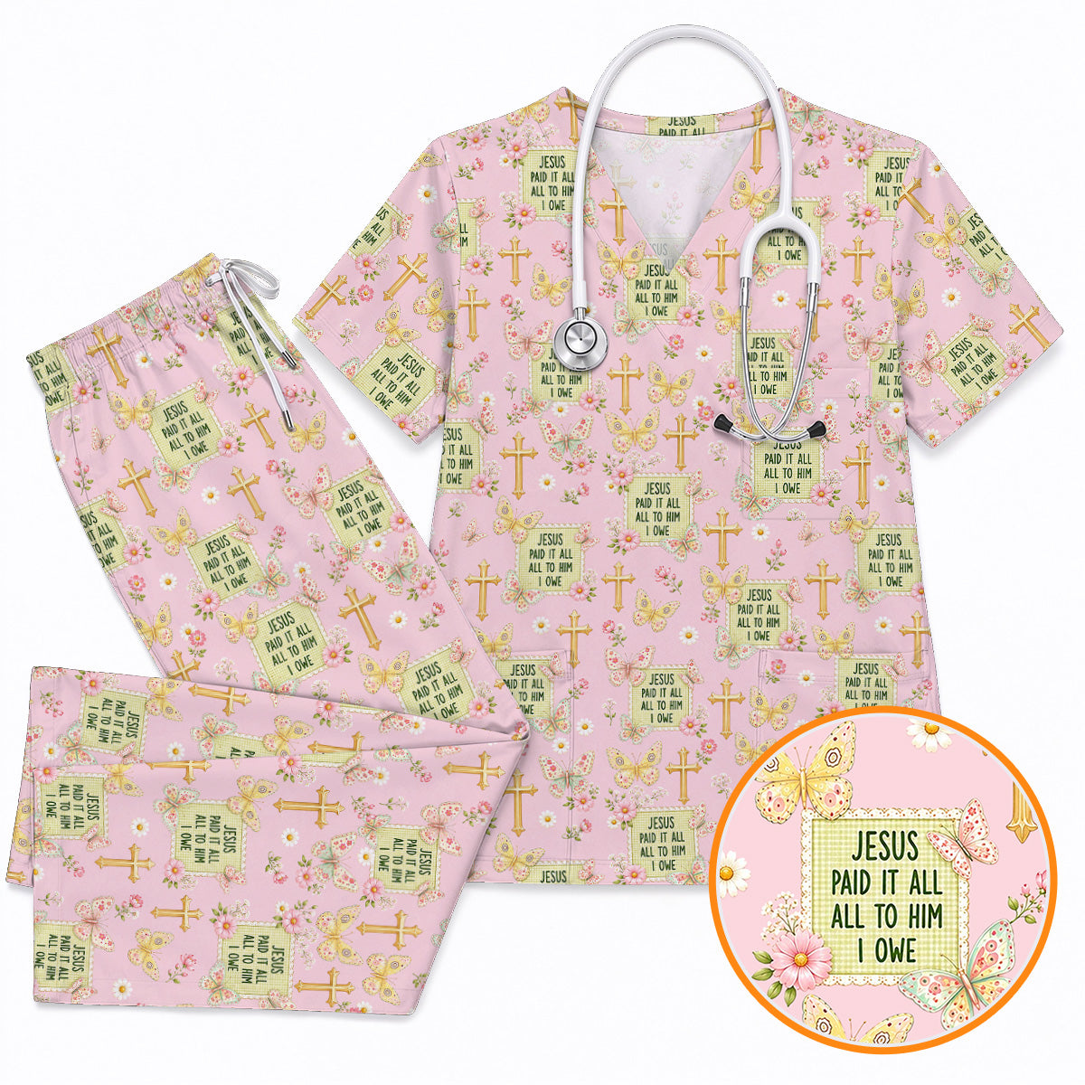 Jesus Paid It All Scrub Top, Christian Butterfly Floral Nurse Scrubs Uniform, Faith Inspired Gift For Nurses