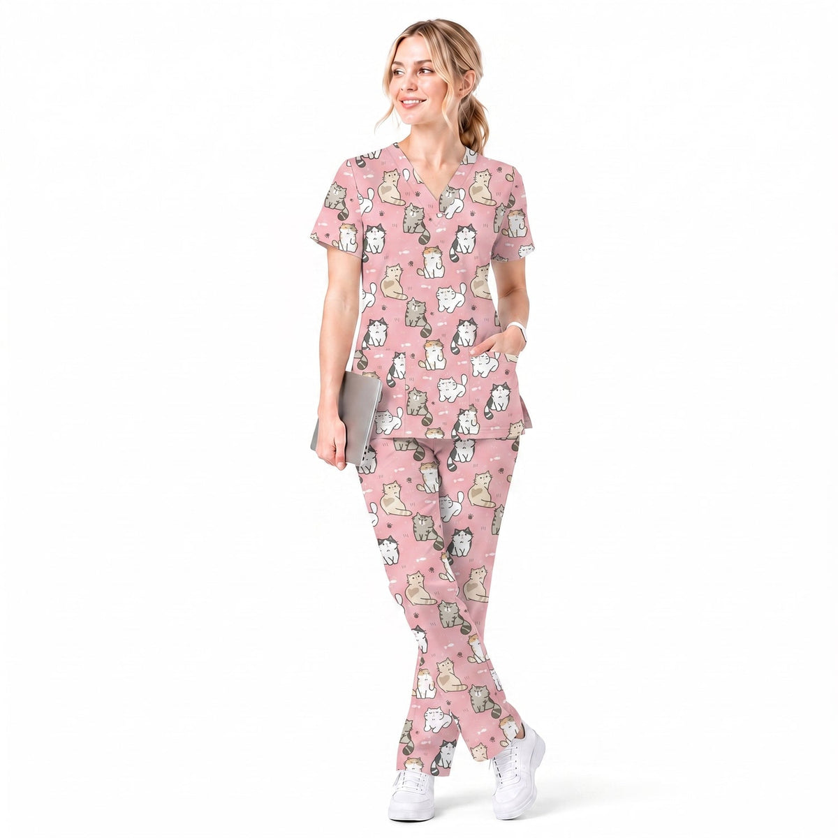 Funny Cat Scrub Set, Cute Cat Pattern Scrub For Nursing, Breathable Med Uniform
