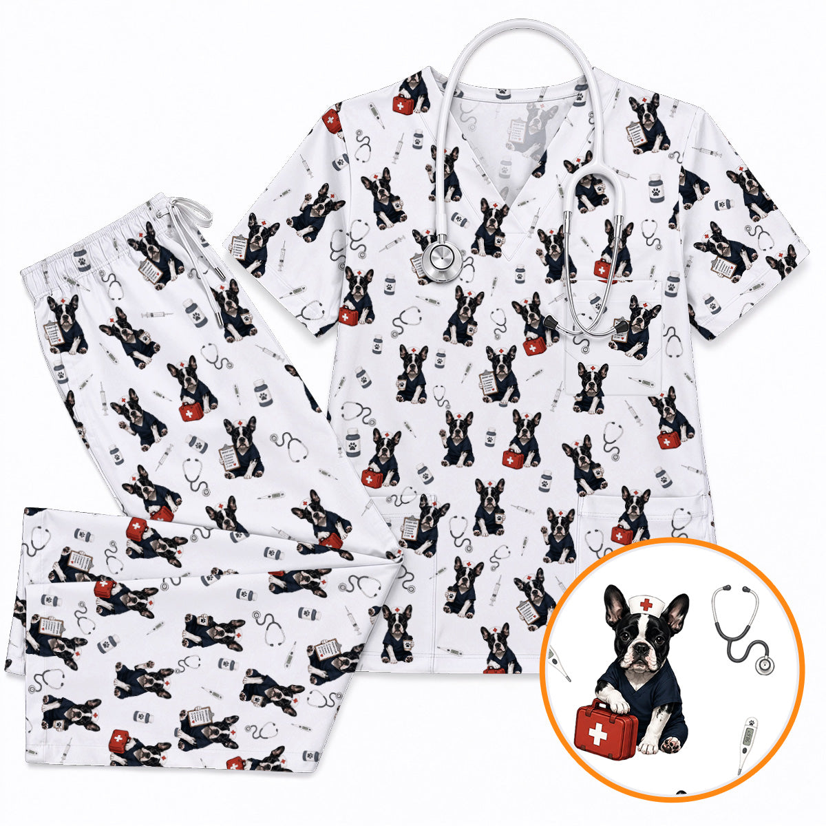 Frenchton Veterinary Scrub Top, Frenchton Vet Nurse Uniform for Animal Lovers, Comfortable Veterinary Scrubs for Veterinary Professionals