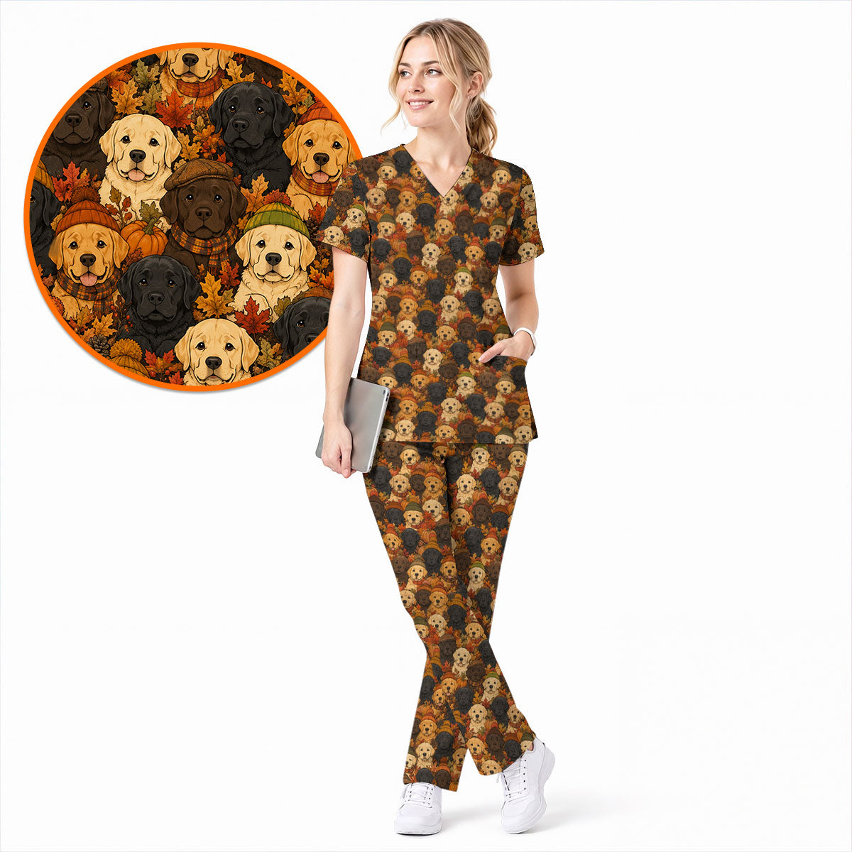 Autumn Labrador Scrub Top, Fall Labrador Retriever Nursing Uniform for Dog Lovers, Cozy Nurse Scrubs with Labrador Pattern