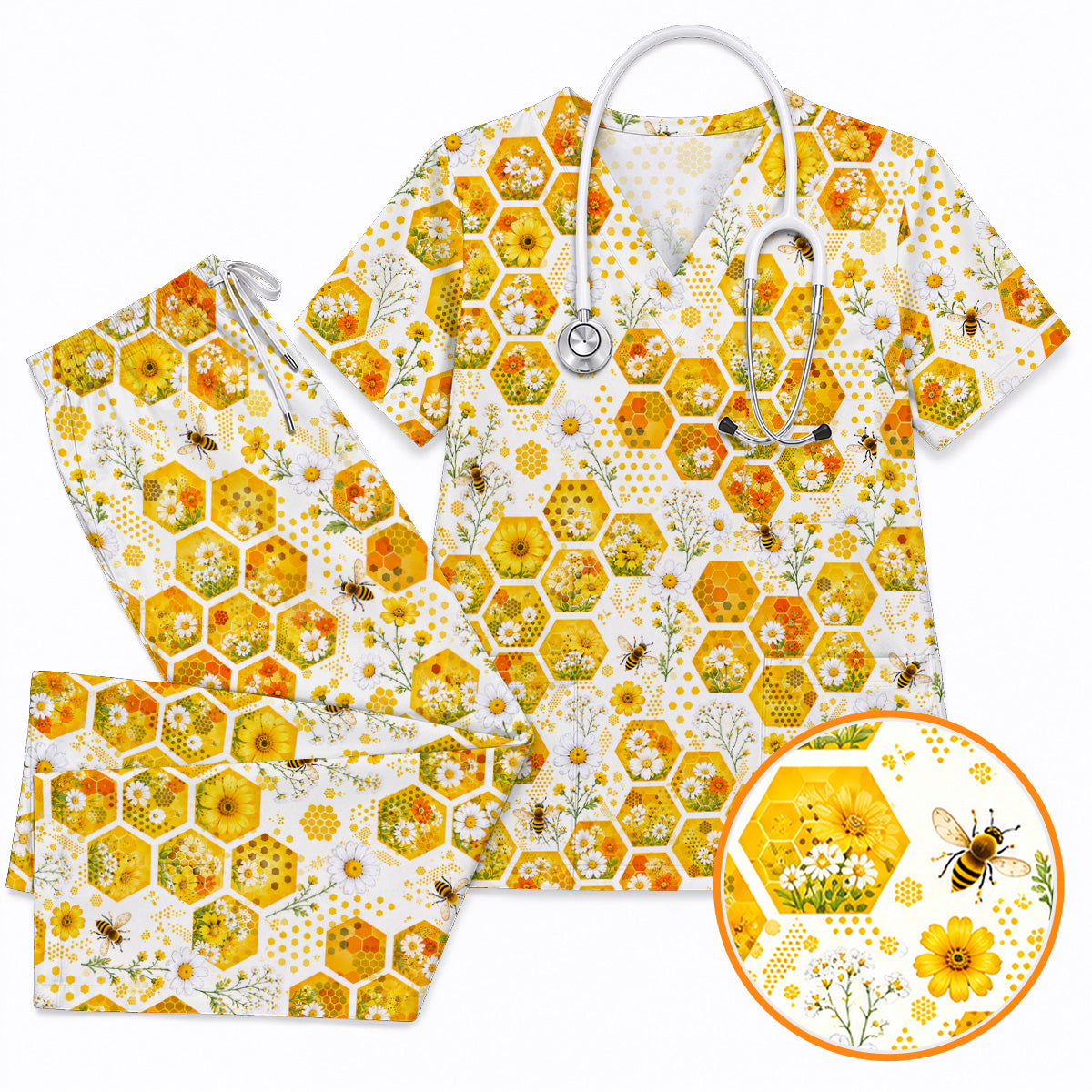 Honey Bee Daisy Scrub Top, Honeycomb Floral Nurse Shirt, Cute Bee Healthcare Uniform