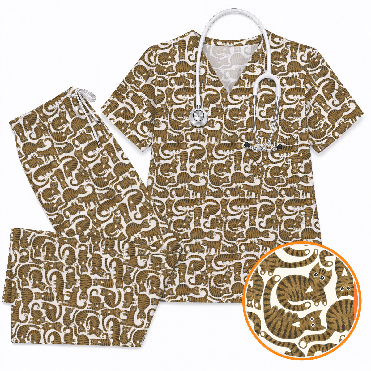 Cute Tabby Cat Pattern Scrub Top, Brown Tabby Cat Nursing Uniform for Cat Lovers, Comfortable Feline Scrubs for Nurses 1