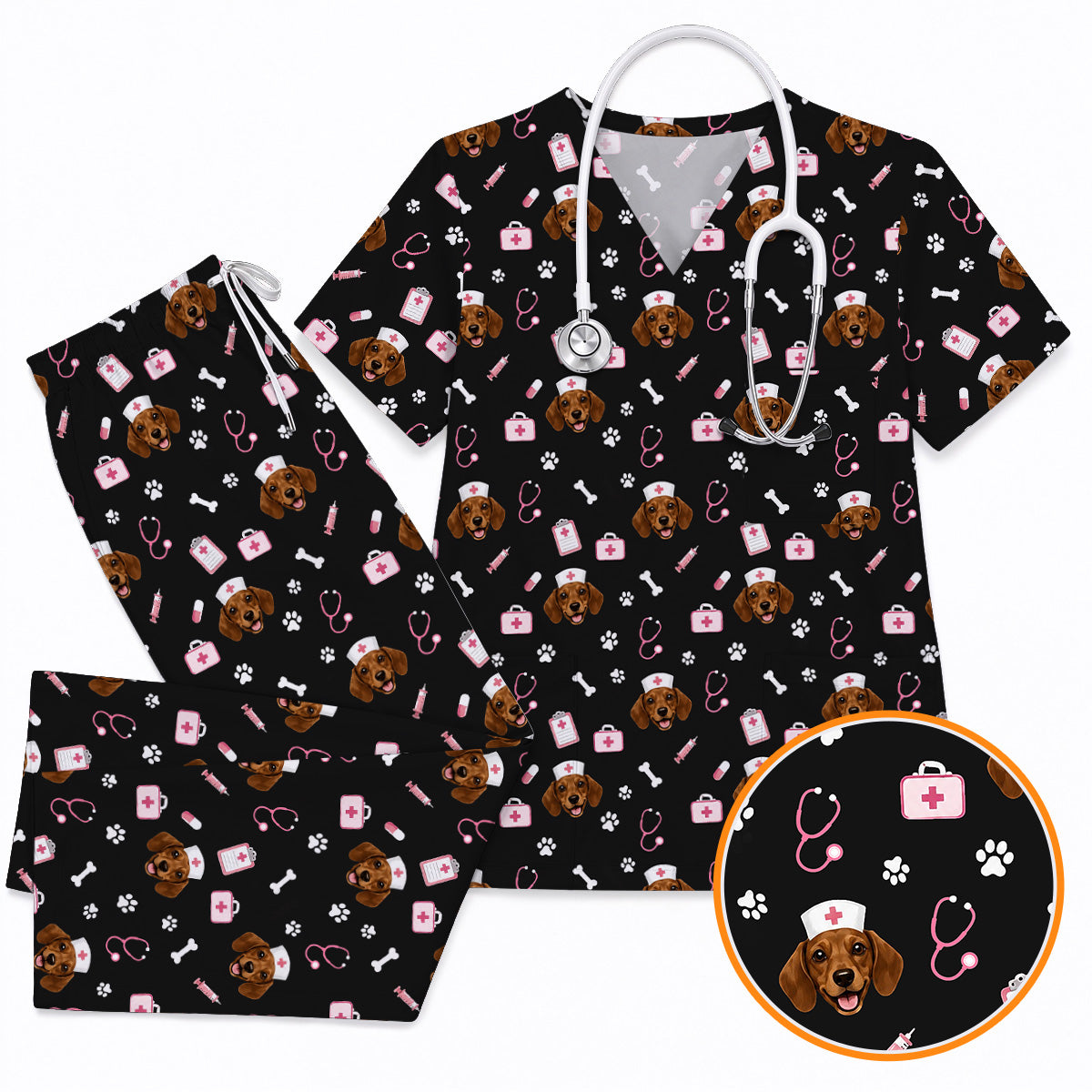 Dachshund Nurse Scrub Top, Cute Wiener Dog Medical Uniform for Veterinary Professionals, Black Dog Lover Scrubs for Nurses