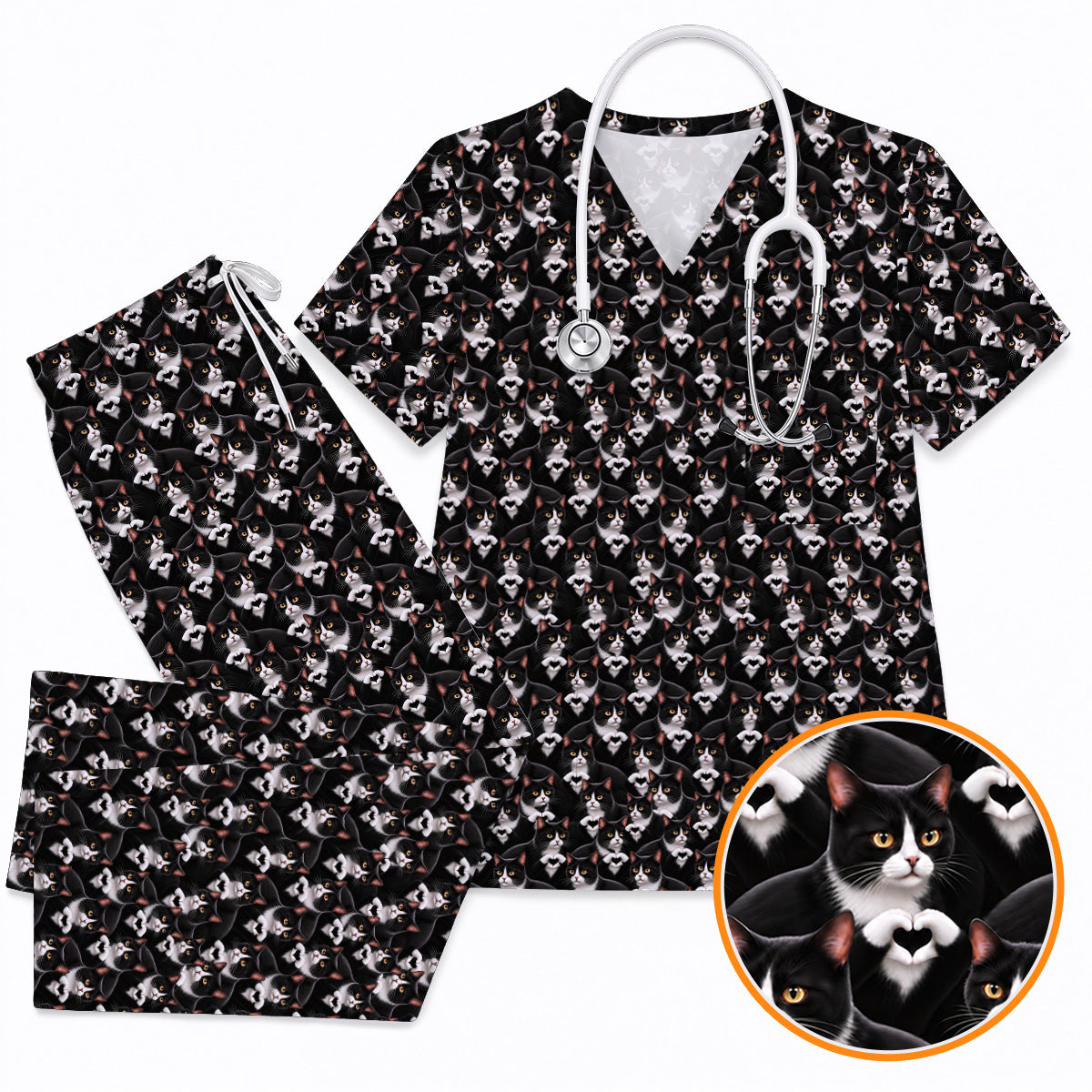 Tuxedo Cat Pattern Scrub Top, Black And White Cat Nurse Scrubs, Breathable Fabrics Nursing Uniform