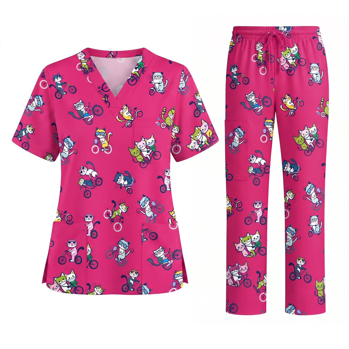 Cat On Wheels Pattern Scrub Top, Funny Cats Scrub Top for Women, Breathable Fabrics Nursing Uniform