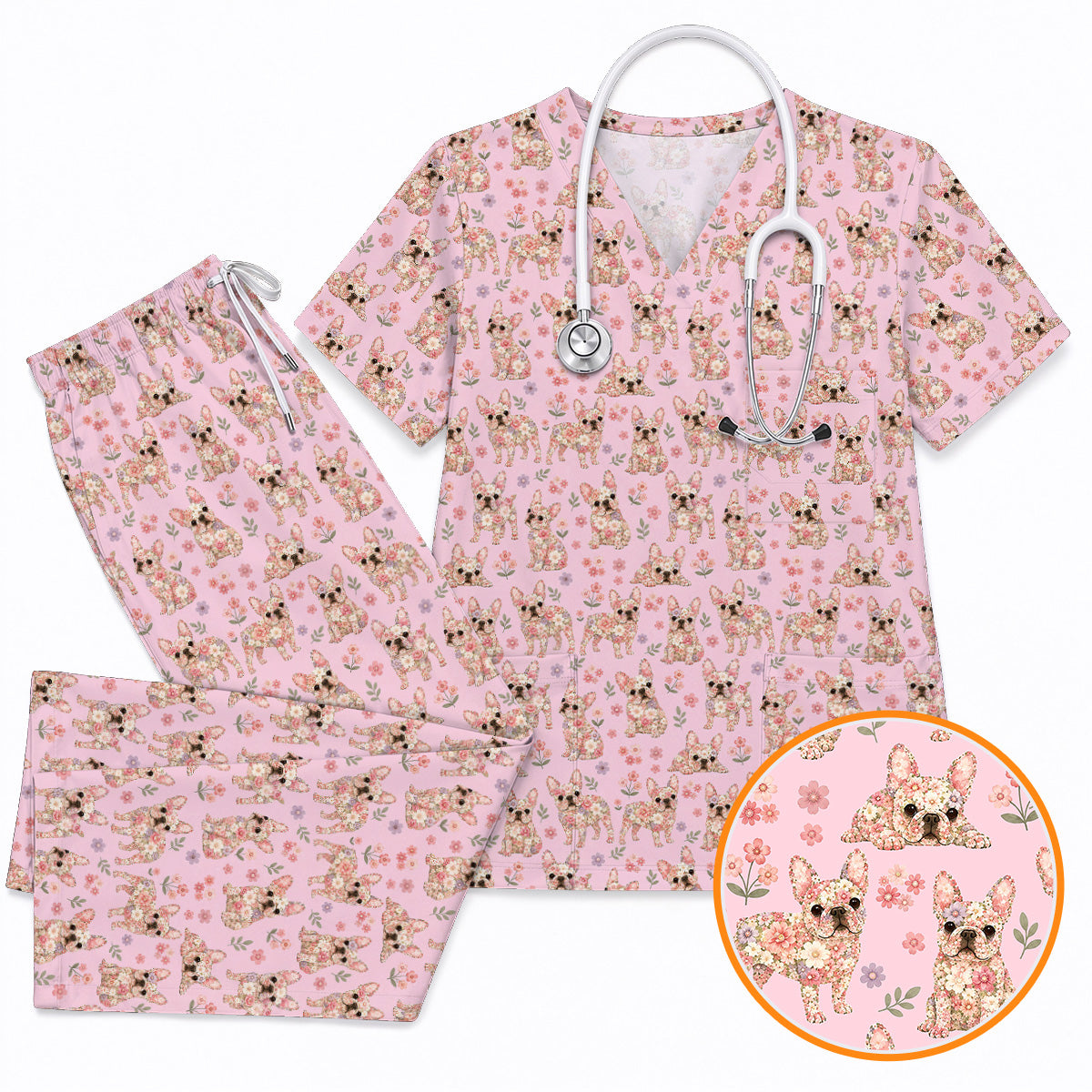 Floral French Bulldog Nurse Scrub Top, Cute Frenchie Flower Pattern Scrubs for Nurses, Dog Lover Healthcare Gift