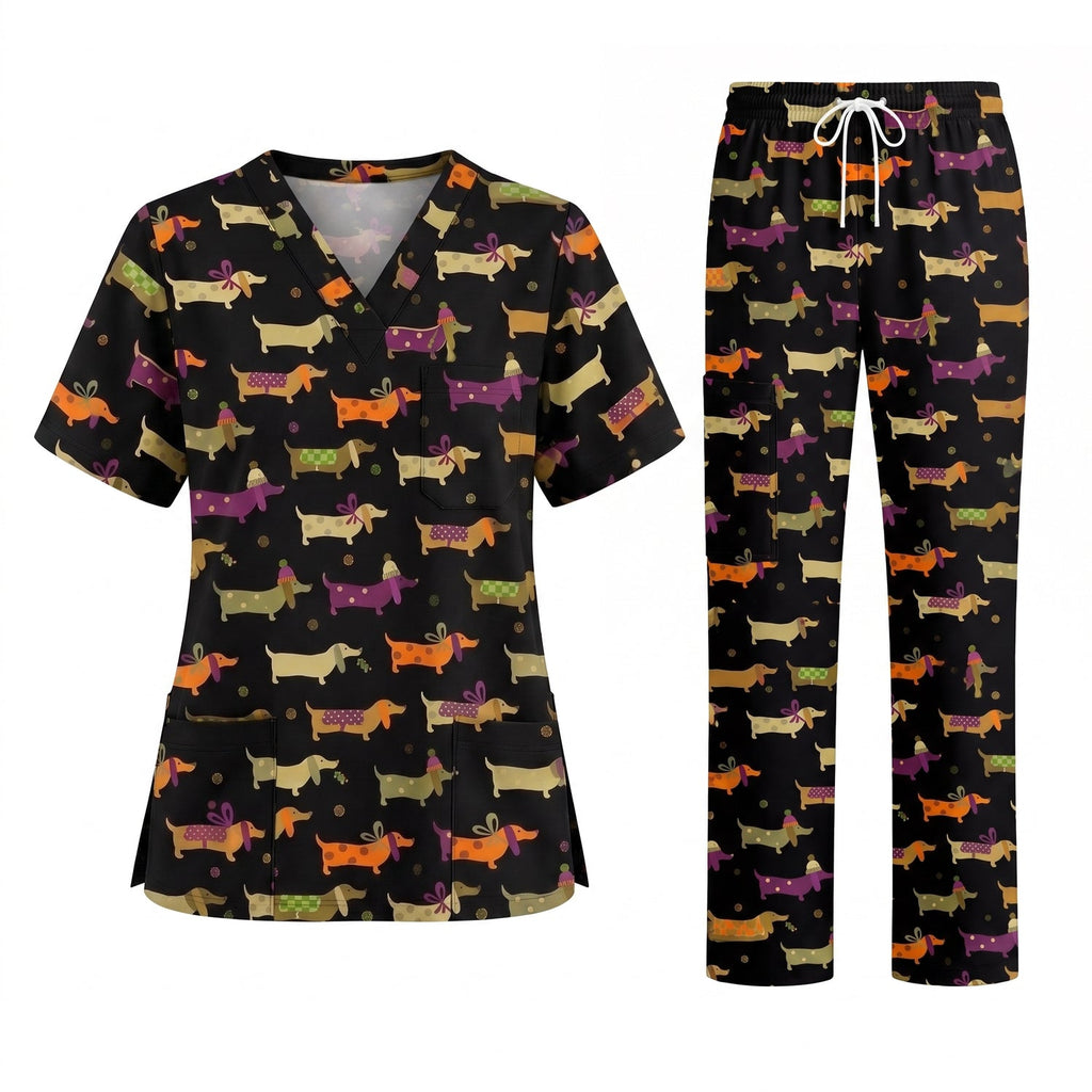 Funny Dachshund Pattern Scrub Top, Wiener Dog Nursing Scrub for Women, Breathable Veterinary Medical Uniform