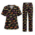 Funny Dachshund Pattern Scrub Top, Wiener Dog Nursing Scrub for Women, Breathable Veterinary Medical Uniform