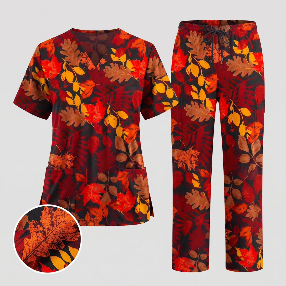 Autumn Leaves Scrub Top for Women, Fall Floral Nursing Uniform, Breathable Autumn Medical Scrub Shirt